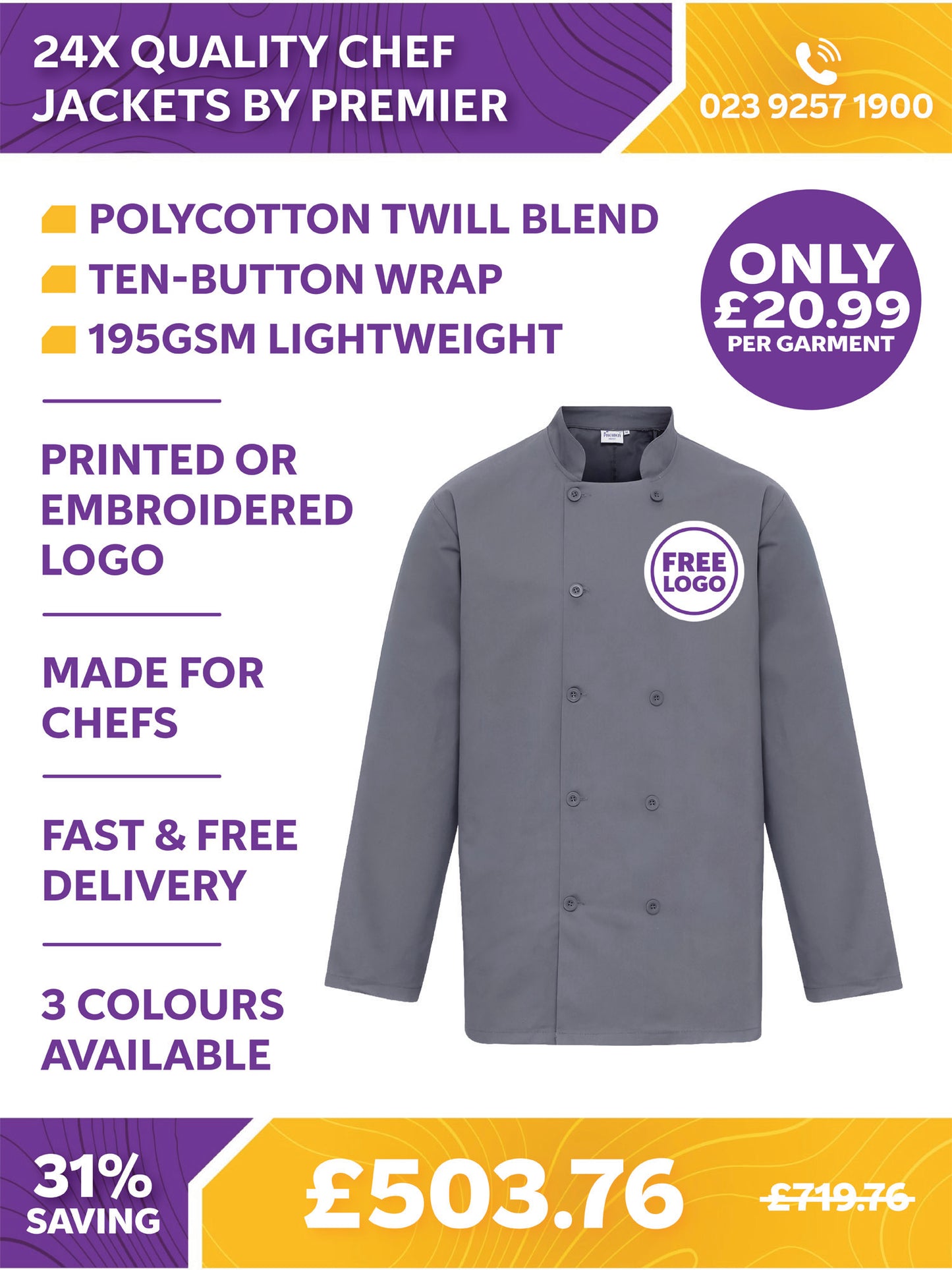 24 x Quality Chef Jackets by Premier