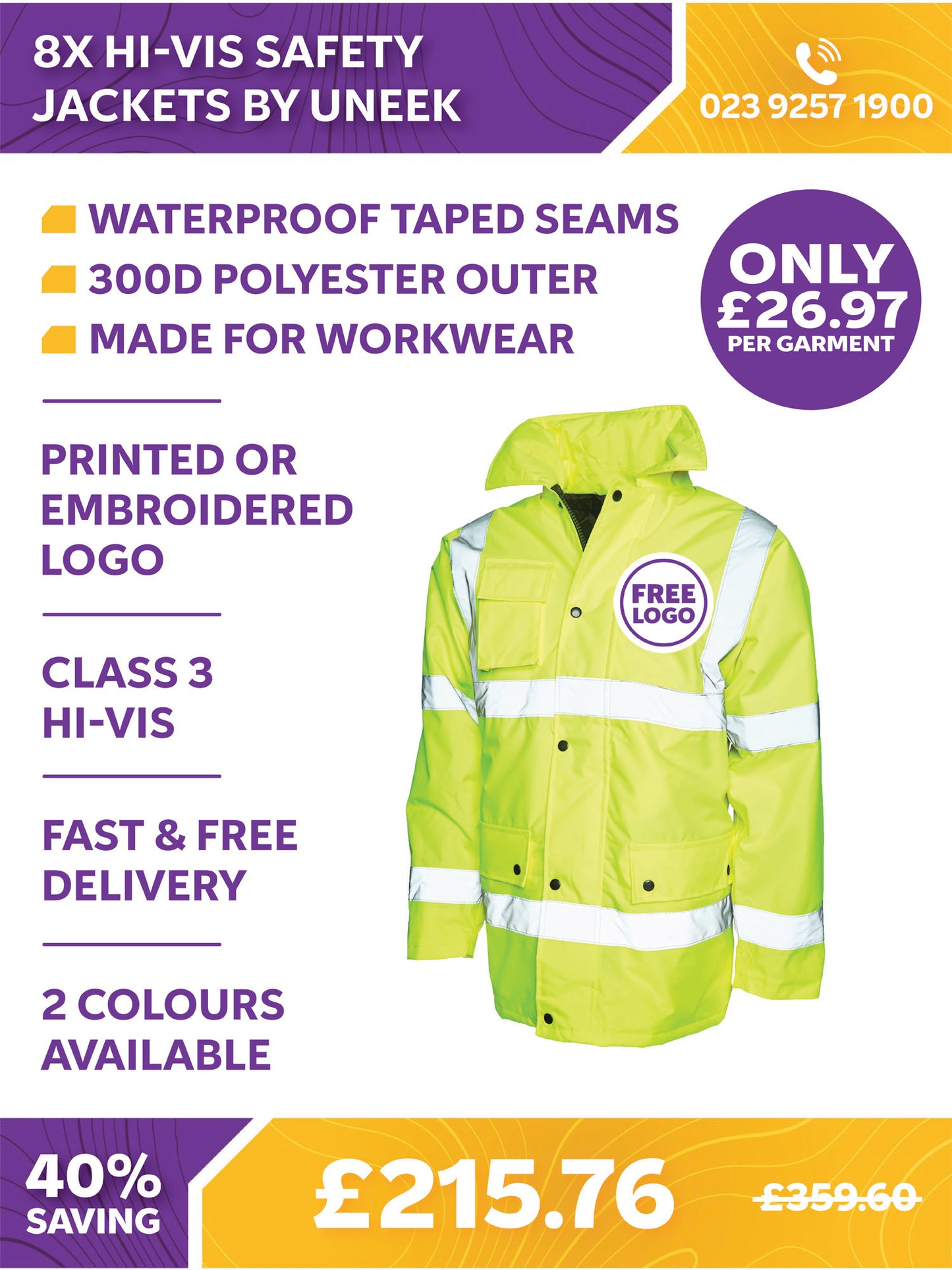 8 x Hi-Vis Safety Jackets By Uneek