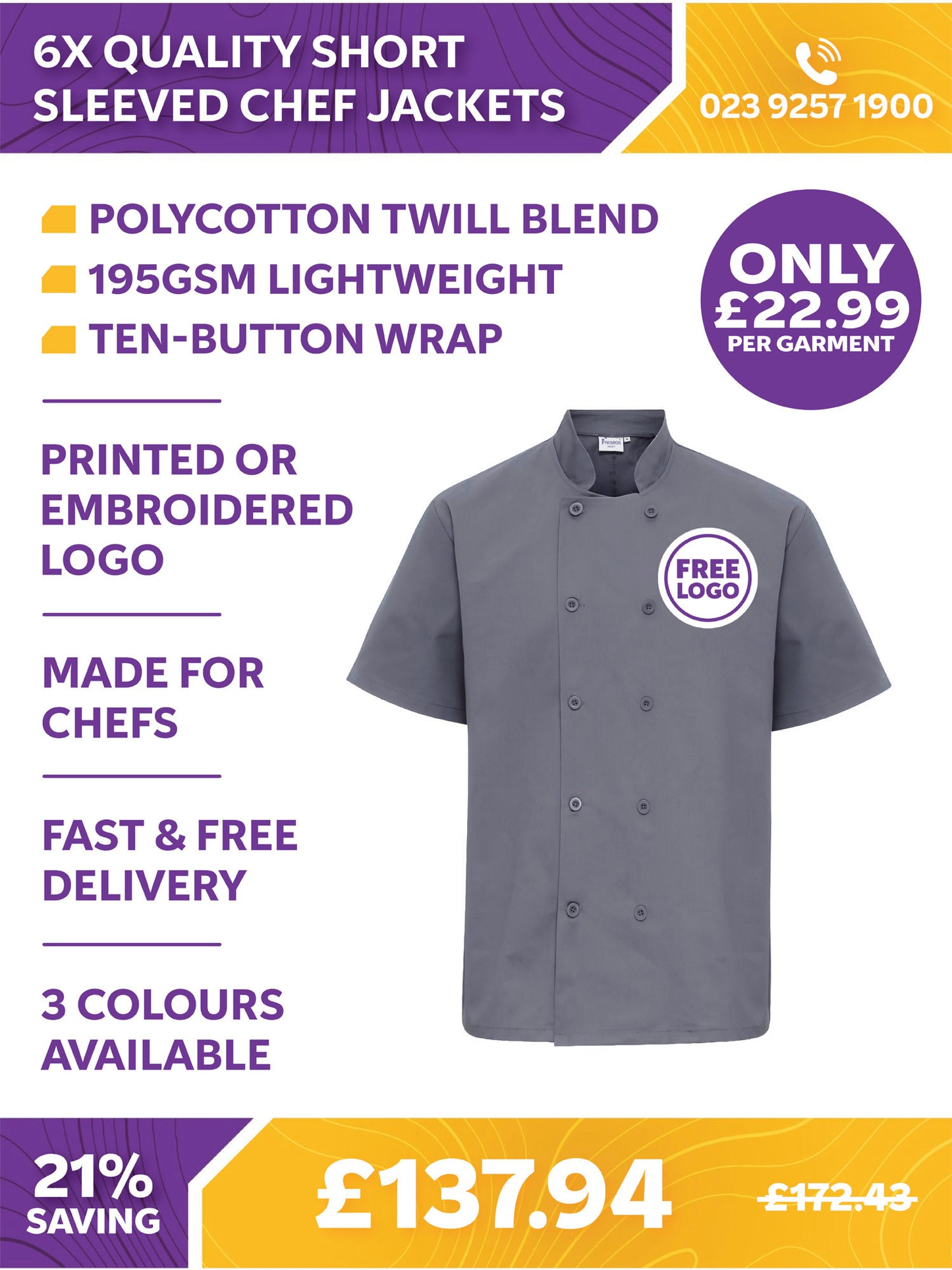 6 x Quality Short Sleeved Chef Jackets by Premier