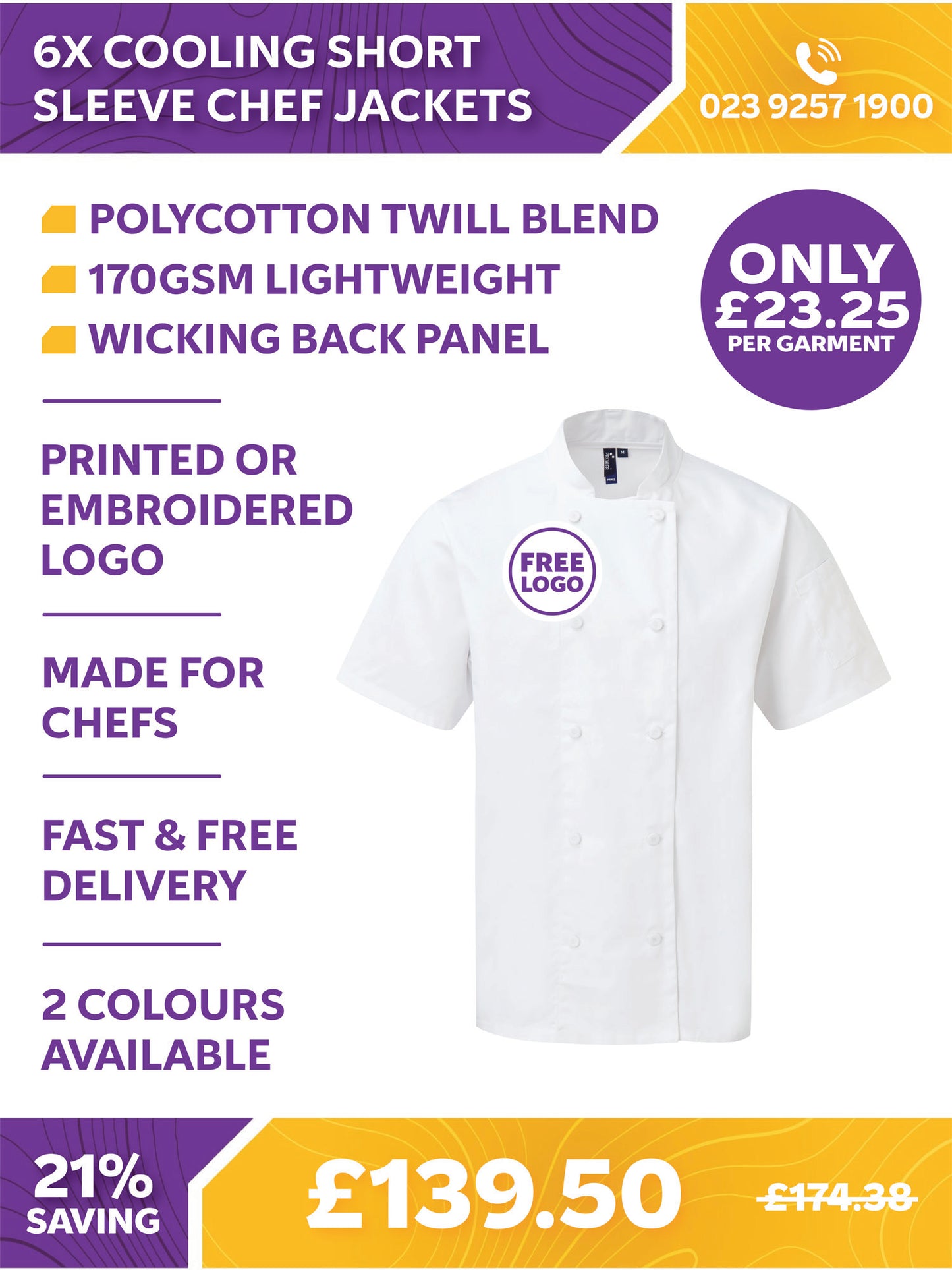 6 x Cooling Short Sleeve Chef Jackets by Premier