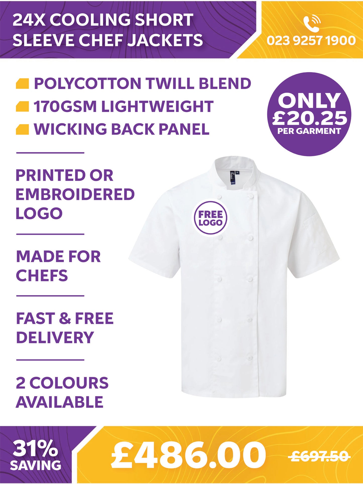 24 x Cooling Short Sleeve Chef Jackets by Premier
