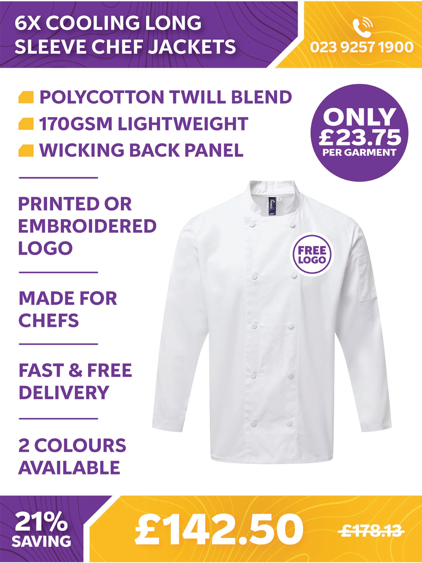 6 x Cooling Long Sleeve Chef Jackets by Premier