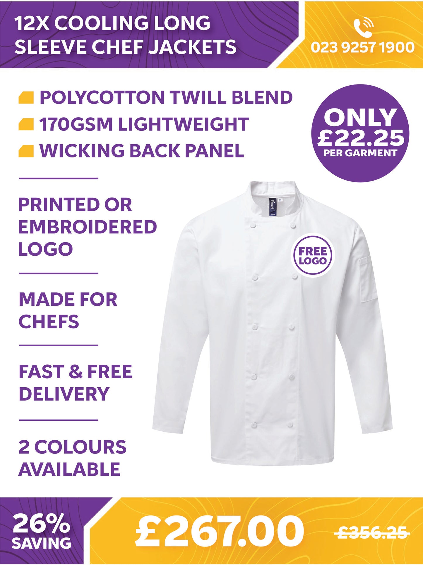 12 x Cooling Long Sleeve Chef Jackets by Premier