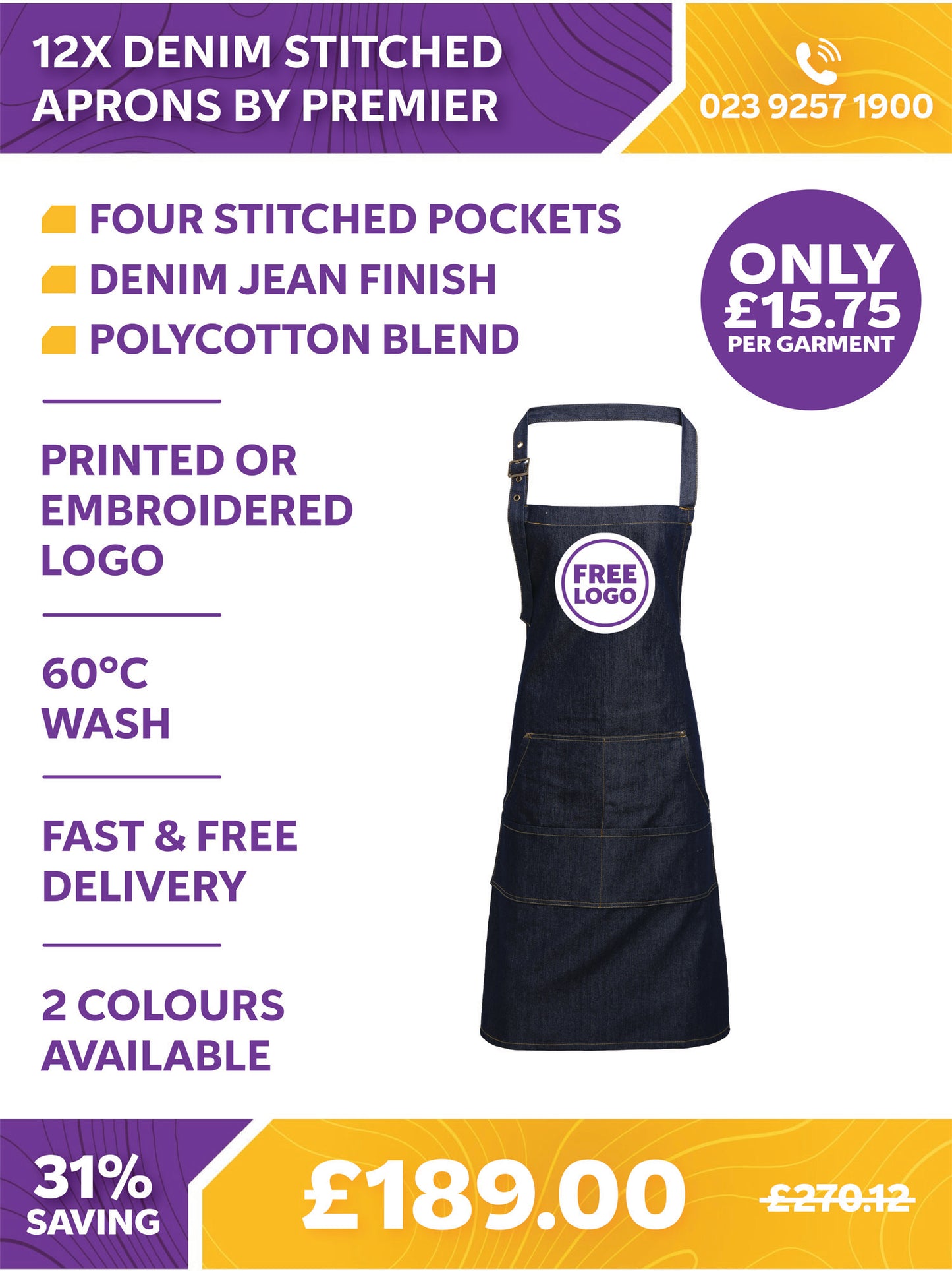 12 x Denim Stitched Aprons by Premier
