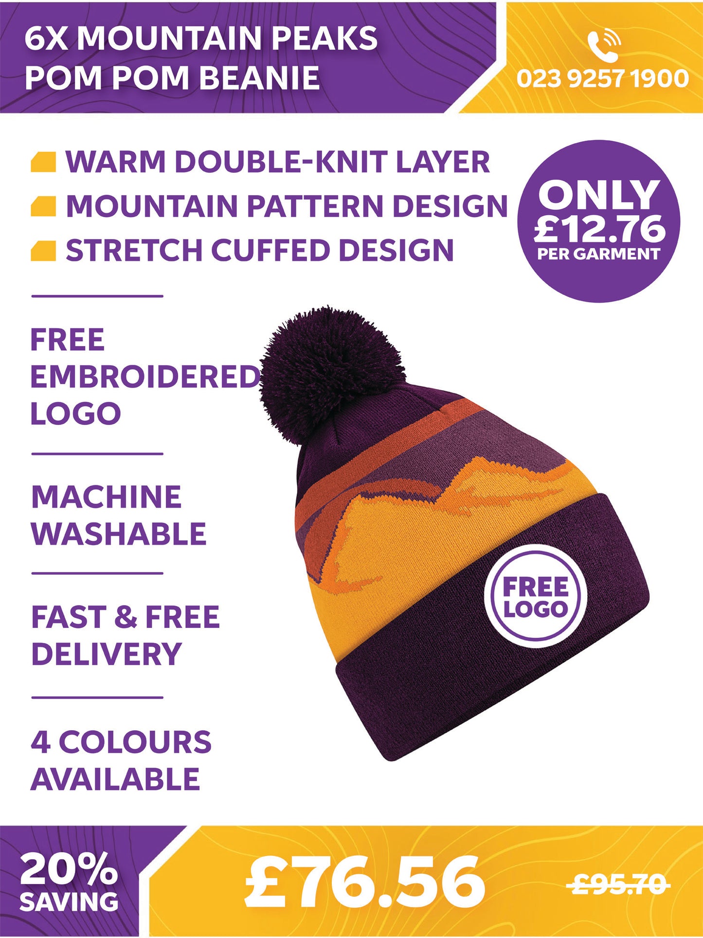 6 x Mountain Peaks Pom Pom Beanie
