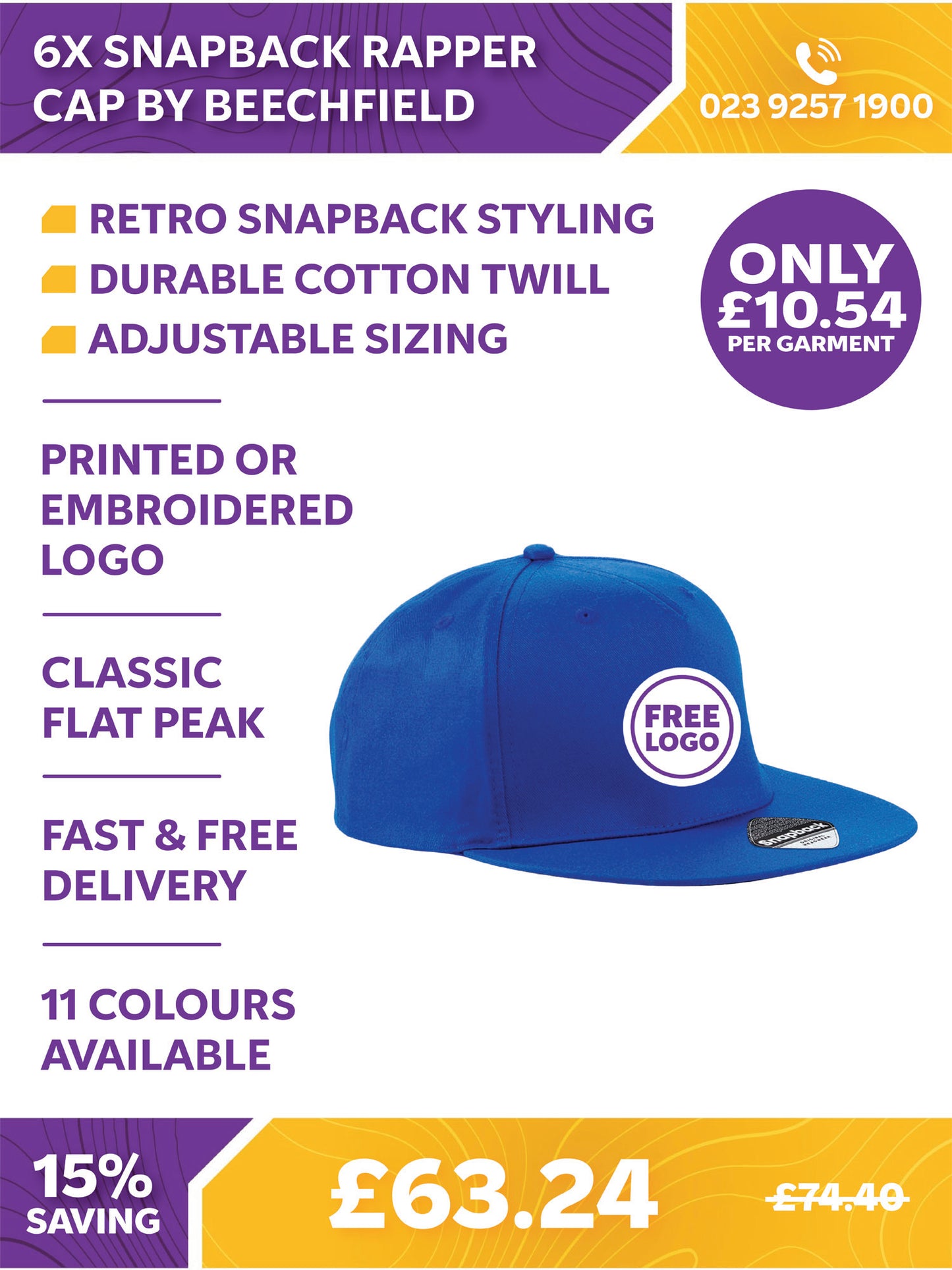 6 x Snapback Rapper Cap by Beechfield