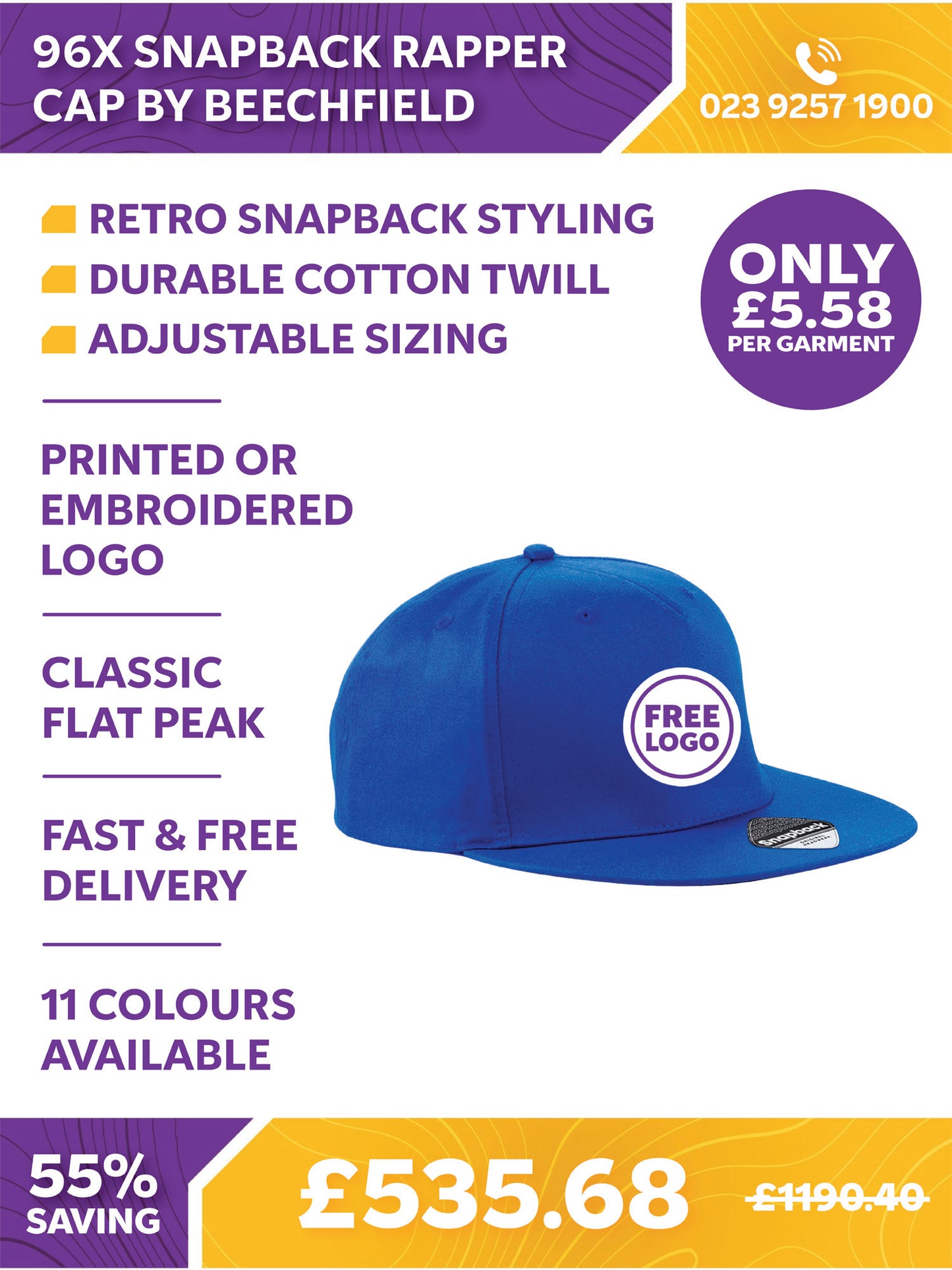 96 x Snapback Rapper Cap by Beechfield