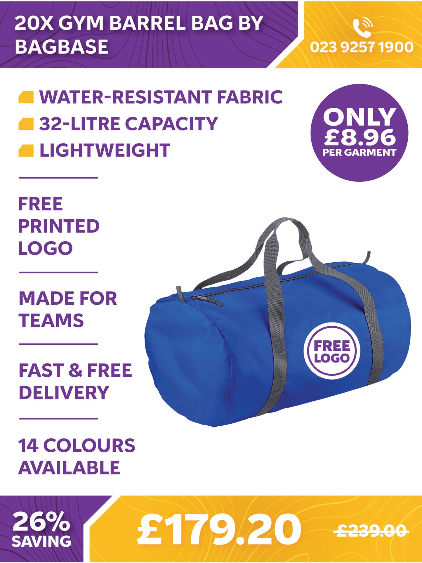 20 x Gym Barrel Bag by Bagbase