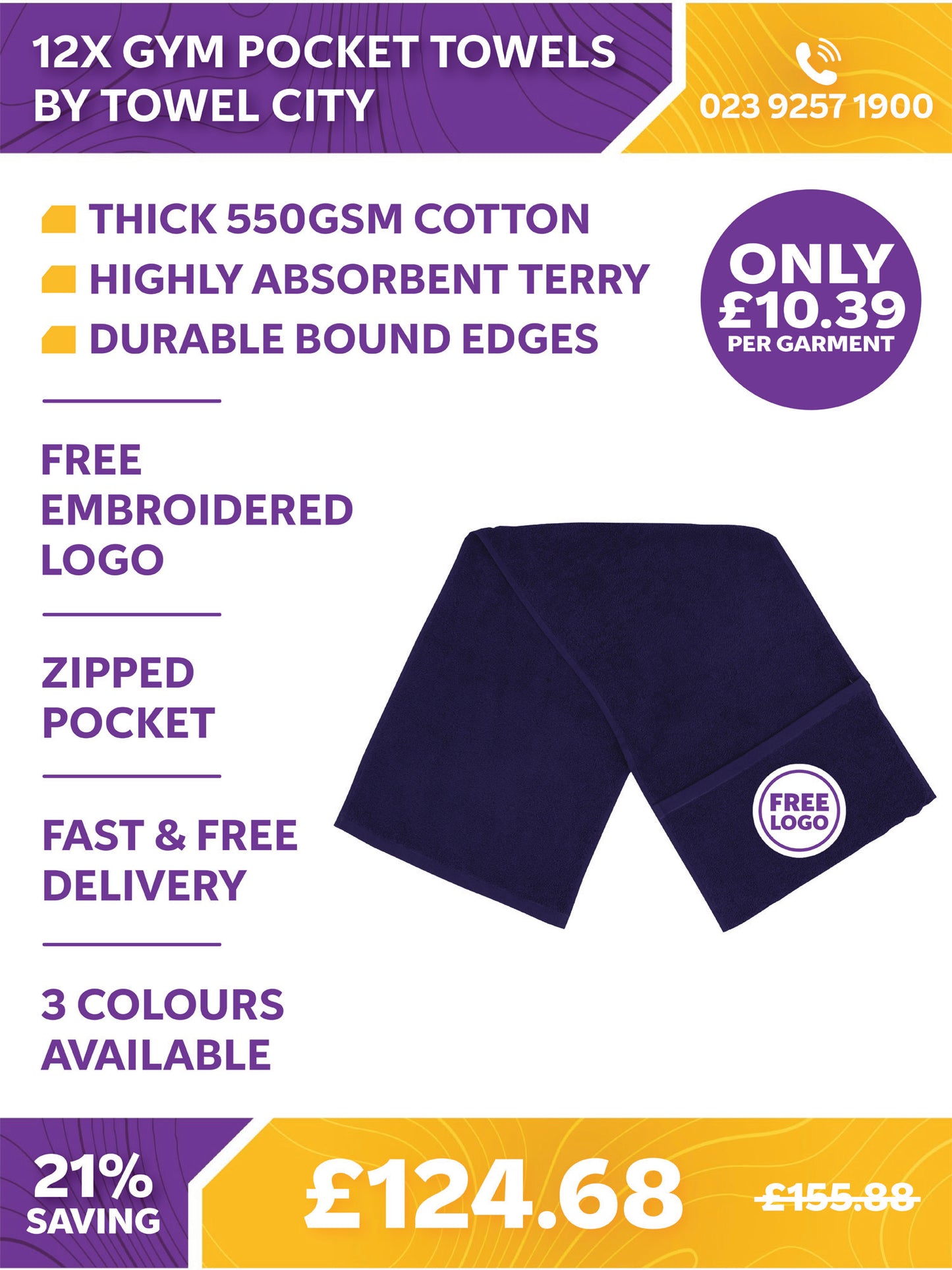 12 x Gym Pocket Towels by Towel City
