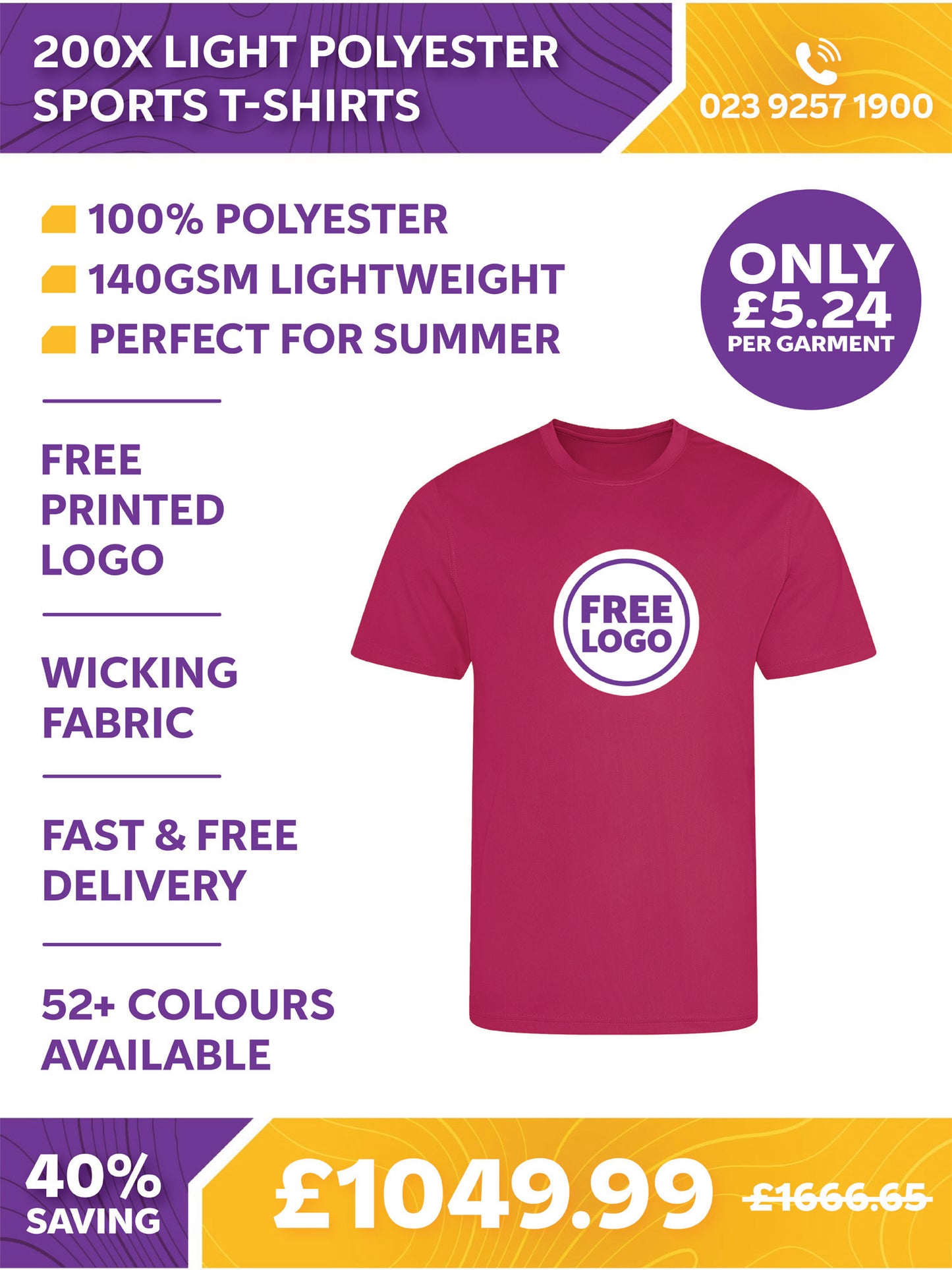 200 x Lightweight Polyester Sport T-Shirts by Just Cool