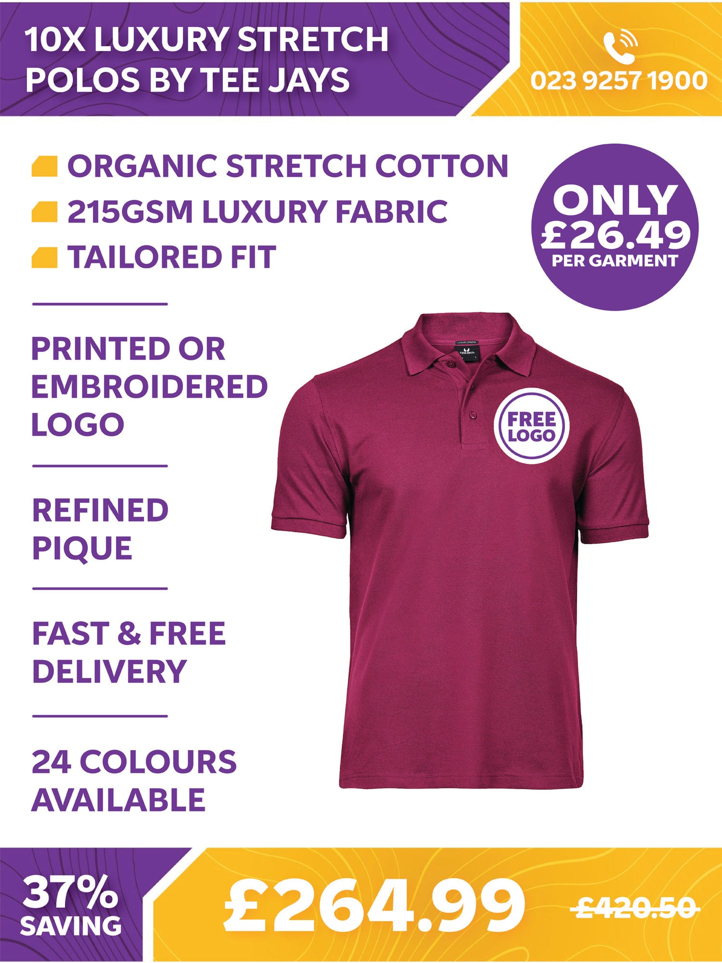 10 x Luxury Stretch Polos by Tee Jays