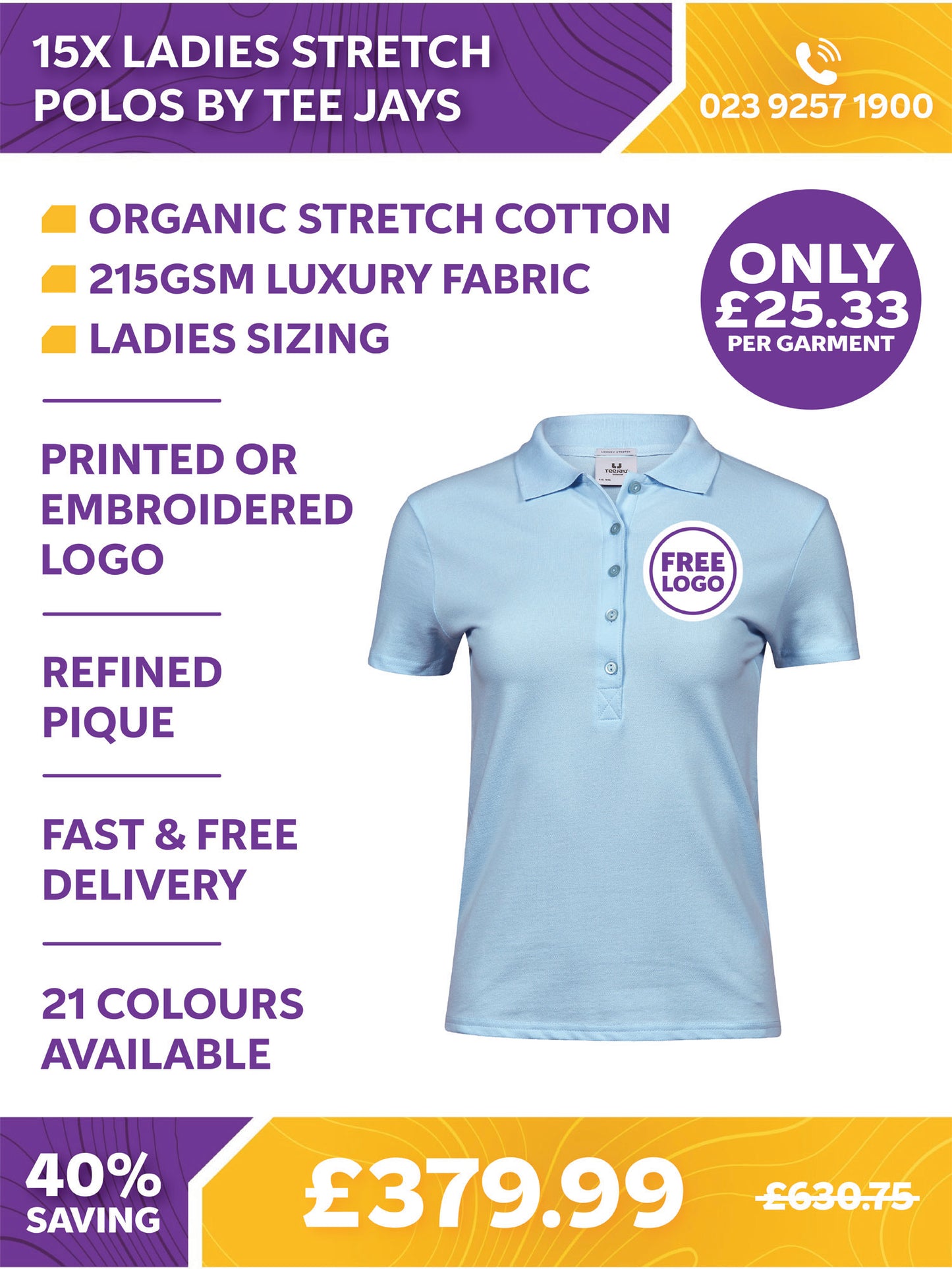 15 x Ladies Luxury Stretch Polos by Tee Jays