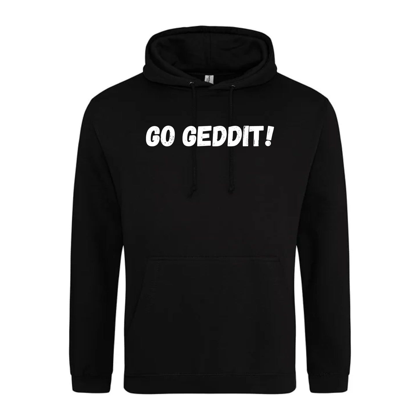 IBH Hoodie - White Print (£46.40 inc VAT) in GO GEDDIT! Black by printlab.clothing — Custom branded clothing by Print Press, featuring premium embroidery produced in our specialist print lab in the UK.