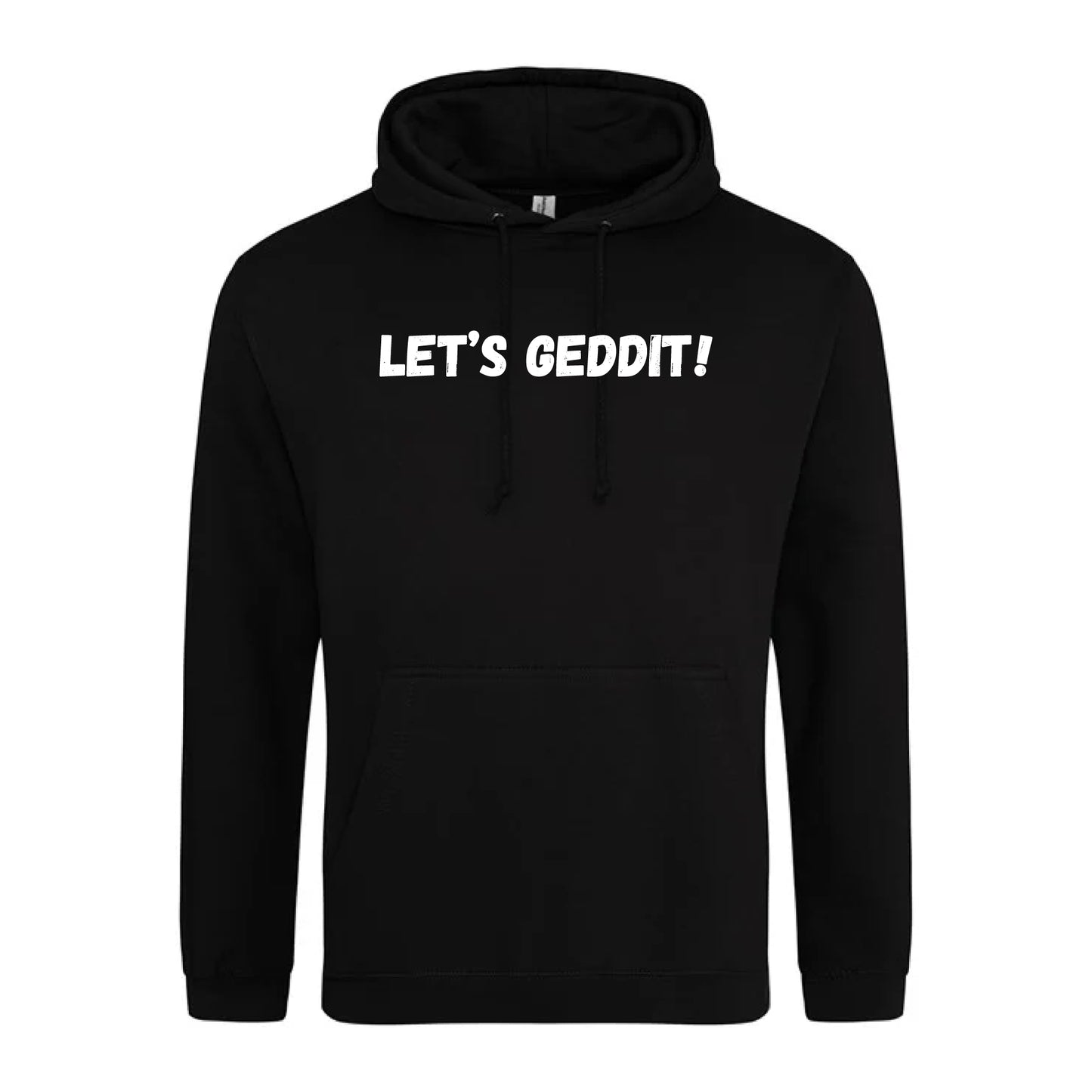 IBH Hoodie - White Print (£46.40 inc VAT) in LET'S GEDDIT! Black by printlab.clothing — Custom branded clothing by Print Press, featuring premium embroidery produced in our specialist print lab in the UK.