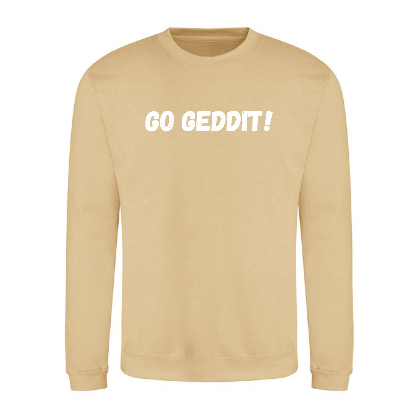 IBH Sweatshirt - White Print (£41.40 inc VAT) in GO GEDDIT! Desert Sand by printlab.clothing — Custom branded clothing by Print Press, featuring premium embroidery produced in our specialist print lab in the UK.