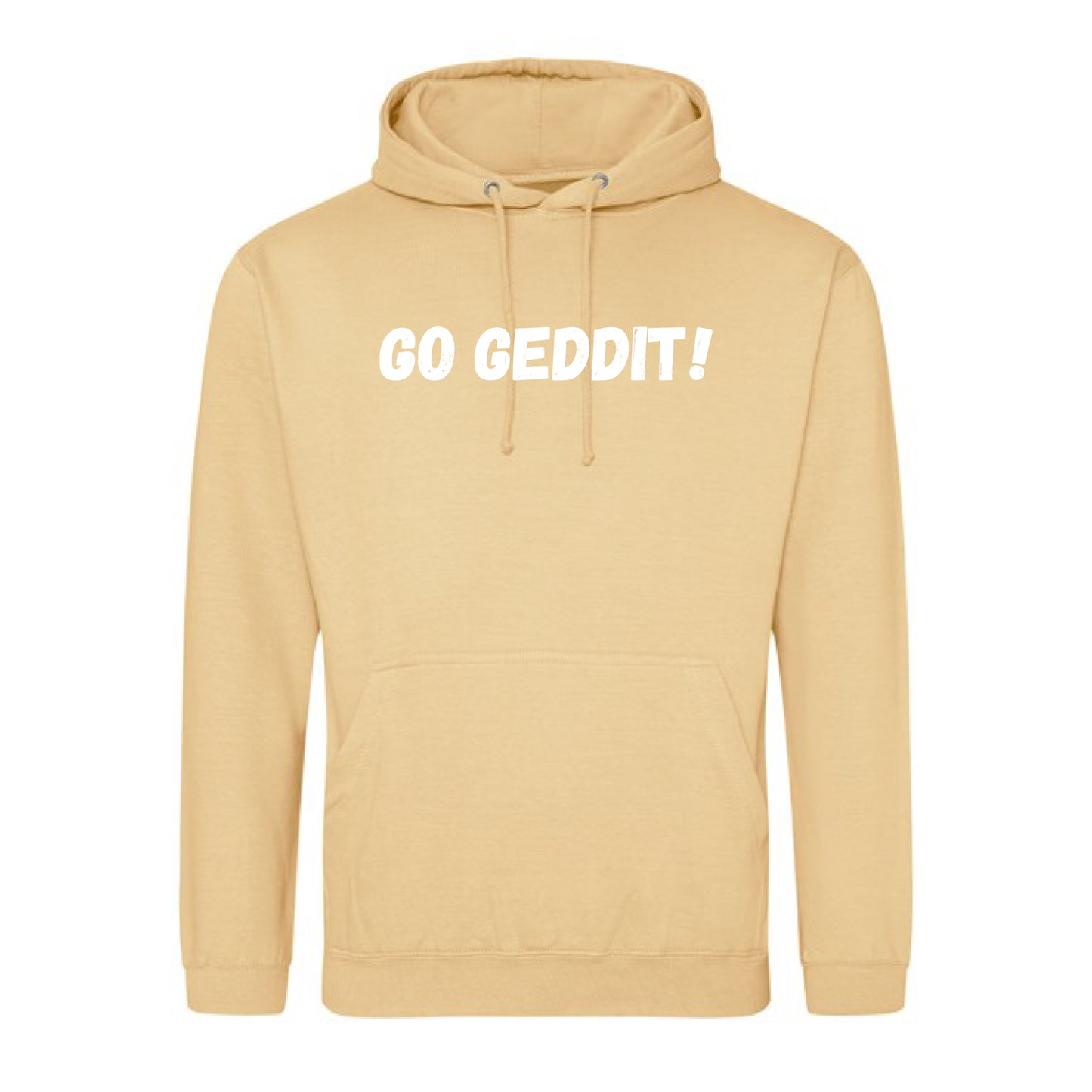 IBH Hoodie - White Print (£46.40 inc VAT) in GO GEDDIT! Desert Sand by printlab.clothing — Custom branded clothing by Print Press, featuring premium embroidery produced in our specialist print lab in the UK.