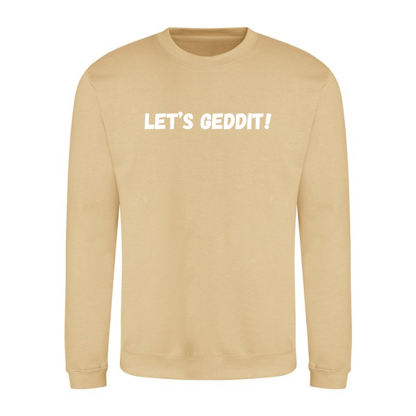 IBH Sweatshirt - White Print (£41.40 inc VAT) in LET'S GEDDIT! Desert Sand by printlab.clothing — Custom branded clothing by Print Press, featuring premium embroidery produced in our specialist print lab in the UK.