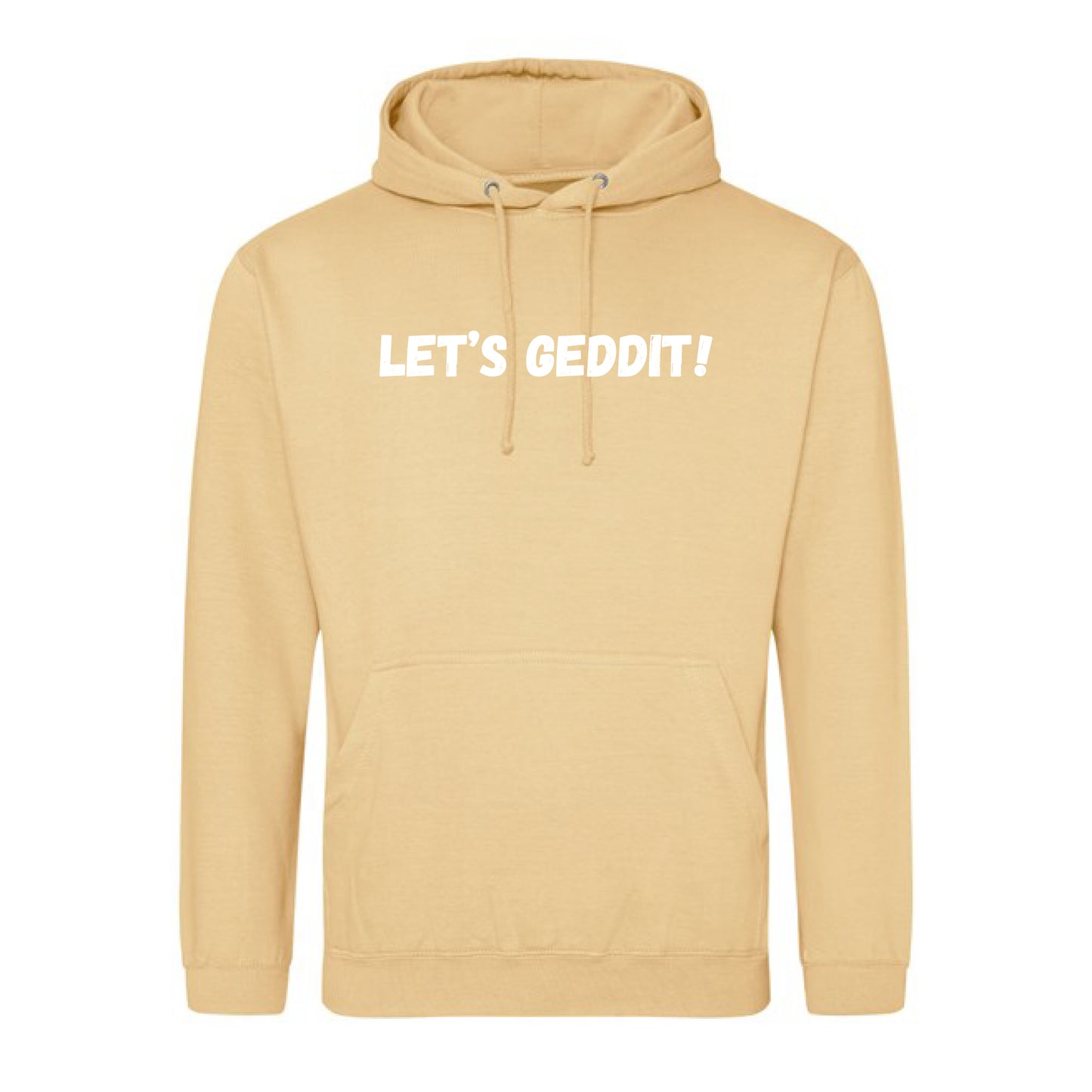 IBH Hoodie - White Print (£46.40 inc VAT) in LET'S GEDDIT! Desert Sand by printlab.clothing — Custom branded clothing by Print Press, featuring premium embroidery produced in our specialist print lab in the UK.