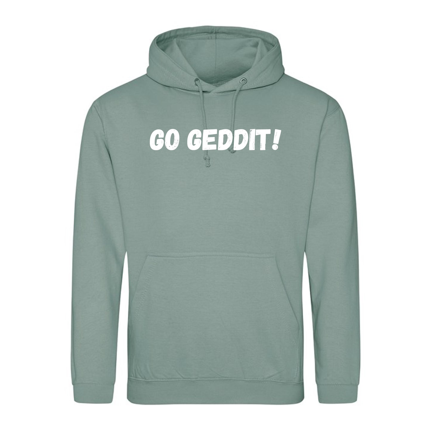 IBH Hoodie - White Print (£46.40 inc VAT) in GO GEDDIT! Dusty Green by printlab.clothing — Custom branded clothing by Print Press, featuring premium embroidery produced in our specialist print lab in the UK.