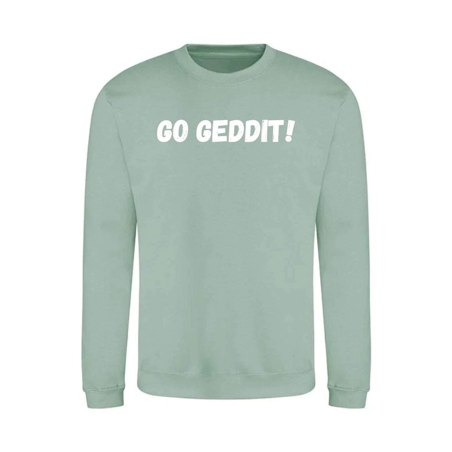 IBH Sweatshirt - White Print (£41.40 inc VAT) in GO GEDDIT! Dusty Green by printlab.clothing — Custom branded clothing by Print Press, featuring premium embroidery produced in our specialist print lab in the UK.