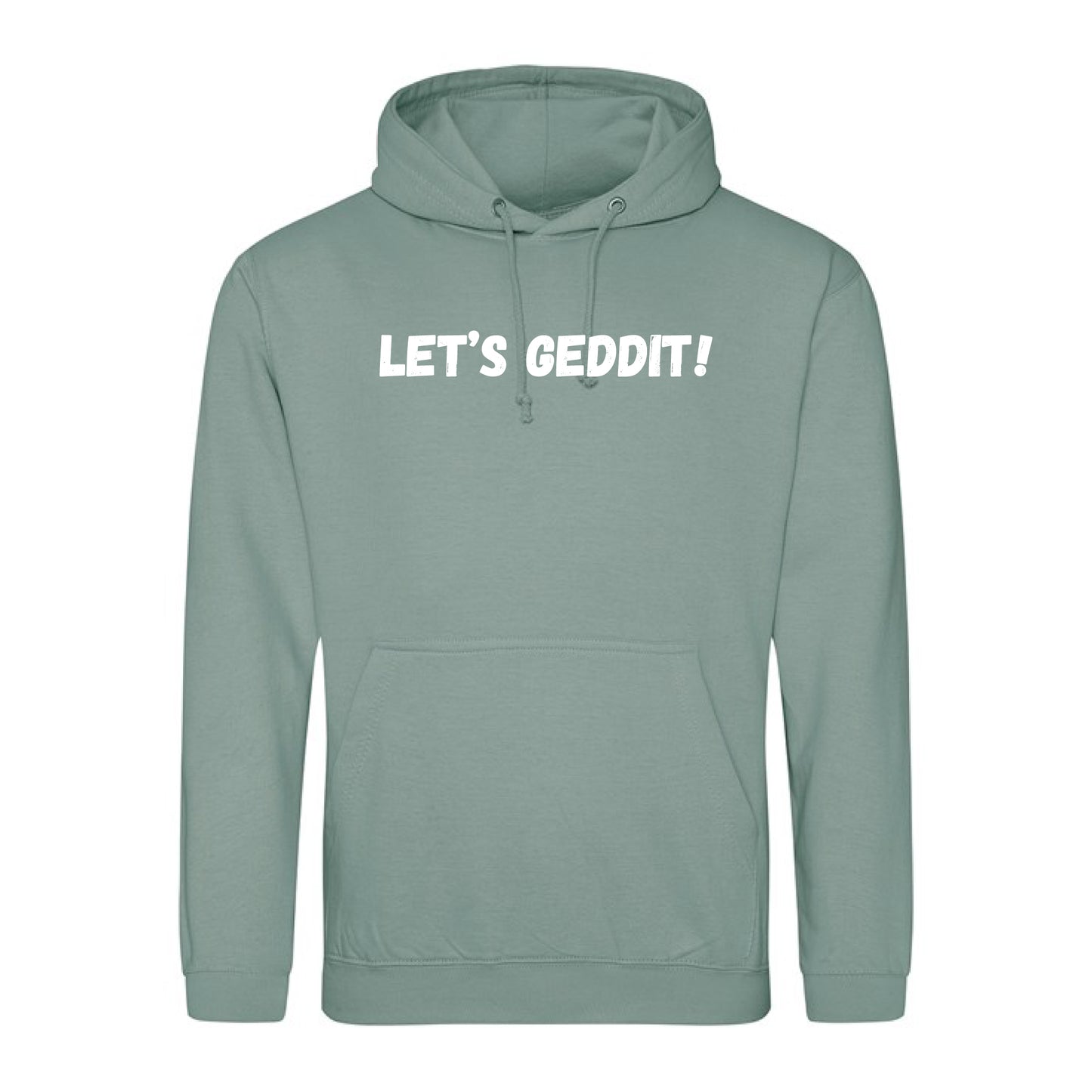 IBH Hoodie - White Print (£46.40 inc VAT) in LET'S GEDDIT! Dusty Green by printlab.clothing — Custom branded clothing by Print Press, featuring premium embroidery produced in our specialist print lab in the UK.