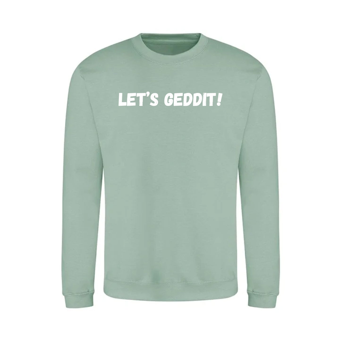 IBH Sweatshirt - White Print (£41.40 inc VAT) in LET'S GEDDIT! Dusty Green by printlab.clothing — Custom branded clothing by Print Press, featuring premium embroidery produced in our specialist print lab in the UK.