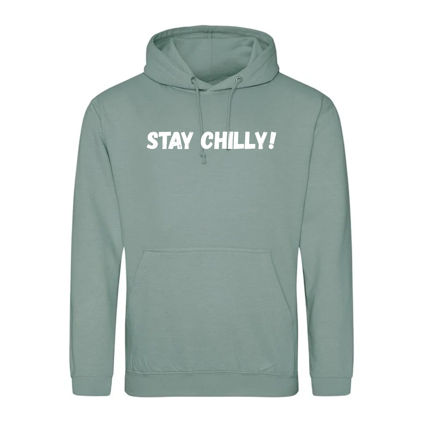 IBH Stay Chilly! Hoodie - White Print (£46.40 inc VAT) in STAY CHILLY! Dusty Green by printlab.clothing — Custom branded clothing by Print Press, featuring premium embroidery produced in our specialist print lab in the UK.