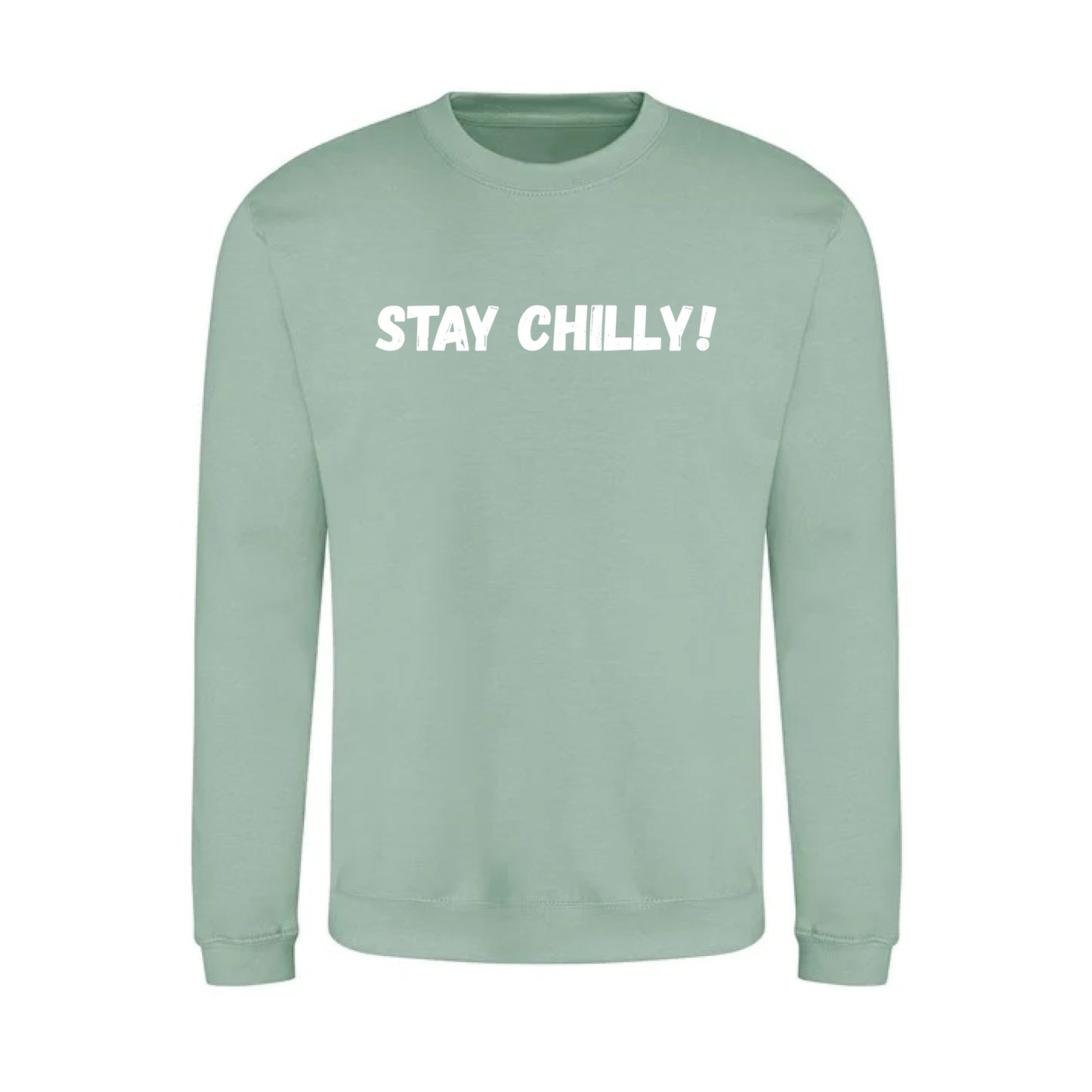 IBH Stay Chilly! Sweatshirt - White Print (£41.40 inc VAT) in STAY CHILLY! Dusty Green by printlab.clothing — Custom branded clothing by Print Press, featuring premium embroidery produced in our specialist print lab in the UK.