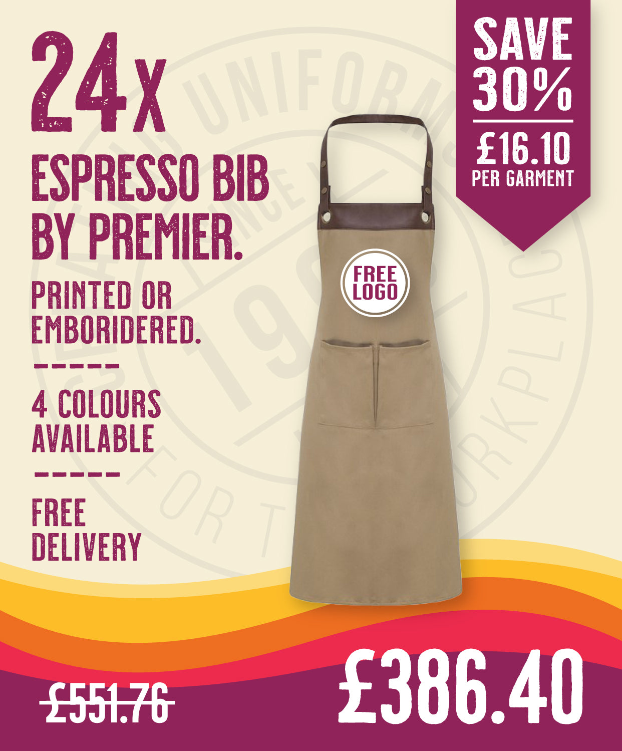 24 x Espresso Bib Aprons in Khaki Brown by Print Lab Deals — Custom branded clothing by Print Press, featuring premium embroidery produced in our specialist print lab in the UK.