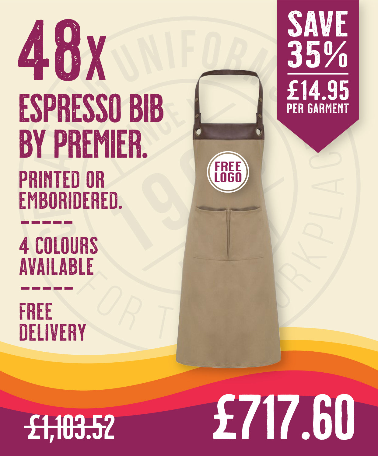 48 x Espresso Bib Aprons in Khaki Brown by Print Lab Deals — Custom branded clothing by Print Press, featuring premium embroidery produced in our specialist print lab in the UK.