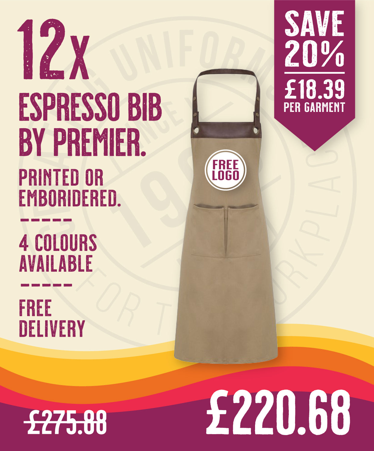12 x Espresso Bib Aprons in Khaki Brown by Print Lab Deals — Custom branded clothing by Print Press, featuring premium embroidery produced in our specialist print lab in the UK.