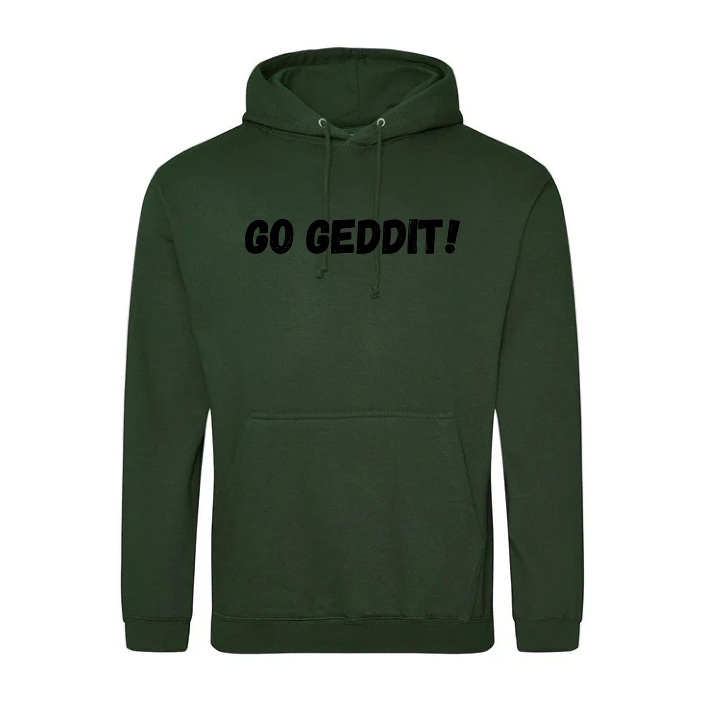 IBH Hoodie - Black Print (£46.40 inc VAT) in GO GEDDIT! Forest Green by printlab.clothing — Custom branded clothing by Print Press, featuring premium embroidery produced in our specialist print lab in the UK.