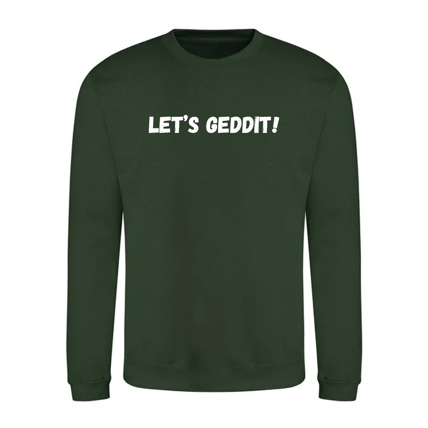 IBH Sweatshirt - White Print (£41.40 inc VAT) in LET'S GEDDIT! Forest Green by printlab.clothing — Custom branded clothing by Print Press, featuring premium embroidery produced in our specialist print lab in the UK.