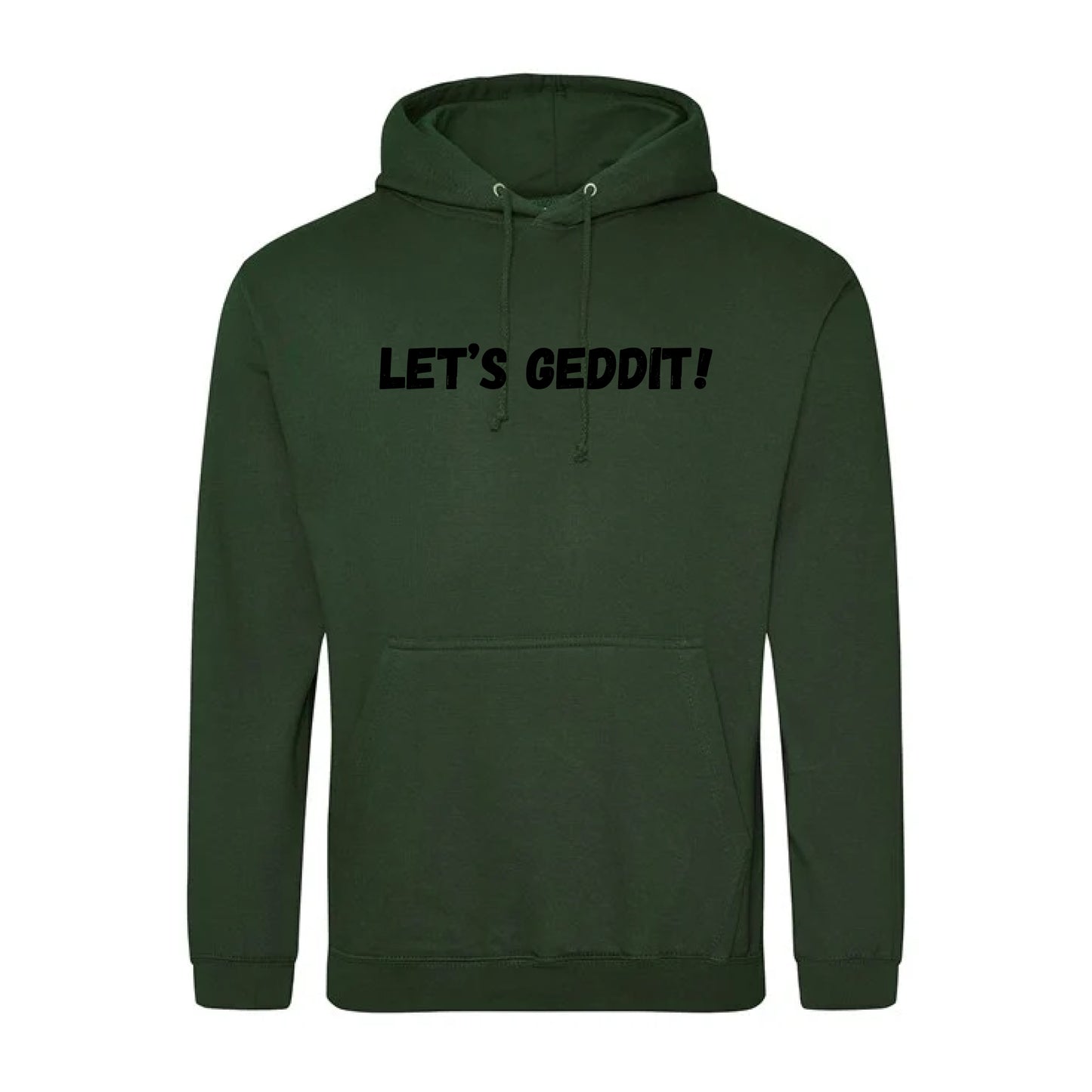 IBH Hoodie - Black Print (£46.40 inc VAT) in LET'S GEDDIT! Forest Green by printlab.clothing — Custom branded clothing by Print Press, featuring premium embroidery produced in our specialist print lab in the UK.