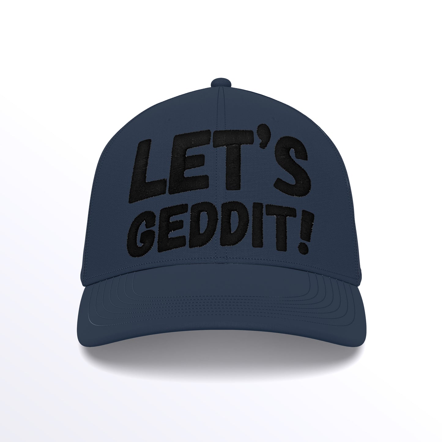 LET'S GEDDIT! Trucker Cap - Embroidered (£29.40 inc VAT) in Black Thread - French Navy French Navy Cap by printlab.clothing — Custom branded clothing by Print Press, featuring premium embroidery produced in our specialist print lab in the UK.