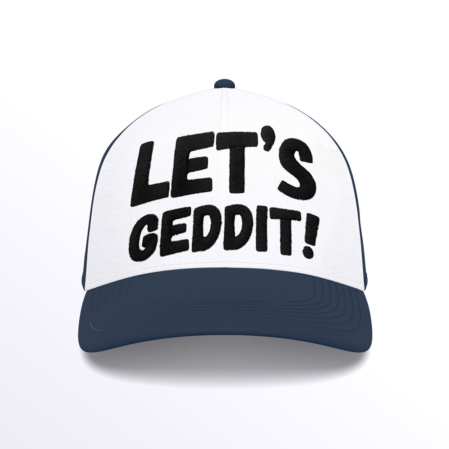 LET'S GEDDIT! Trucker Cap - Embroidered (£29.40 inc VAT) in Black Thread - French Navy White Cap by printlab.clothing — Custom branded clothing by Print Press, featuring premium embroidery produced in our specialist print lab in the UK.