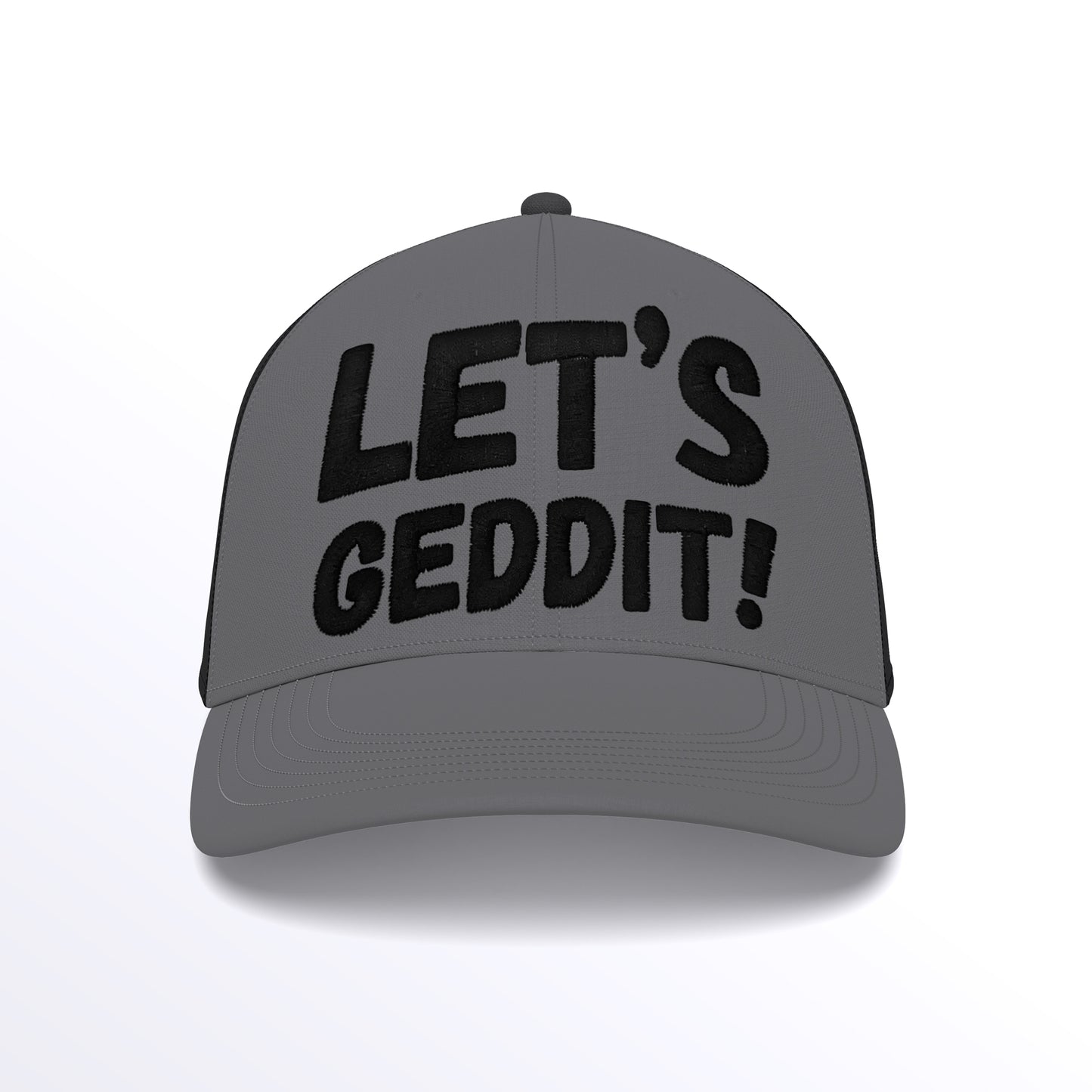 LET'S GEDDIT! Trucker Cap - Embroidered (£29.40 inc VAT) in Black Thread - Graphite Grey Black Cap by printlab.clothing — Custom branded clothing by Print Press, featuring premium embroidery produced in our specialist print lab in the UK.