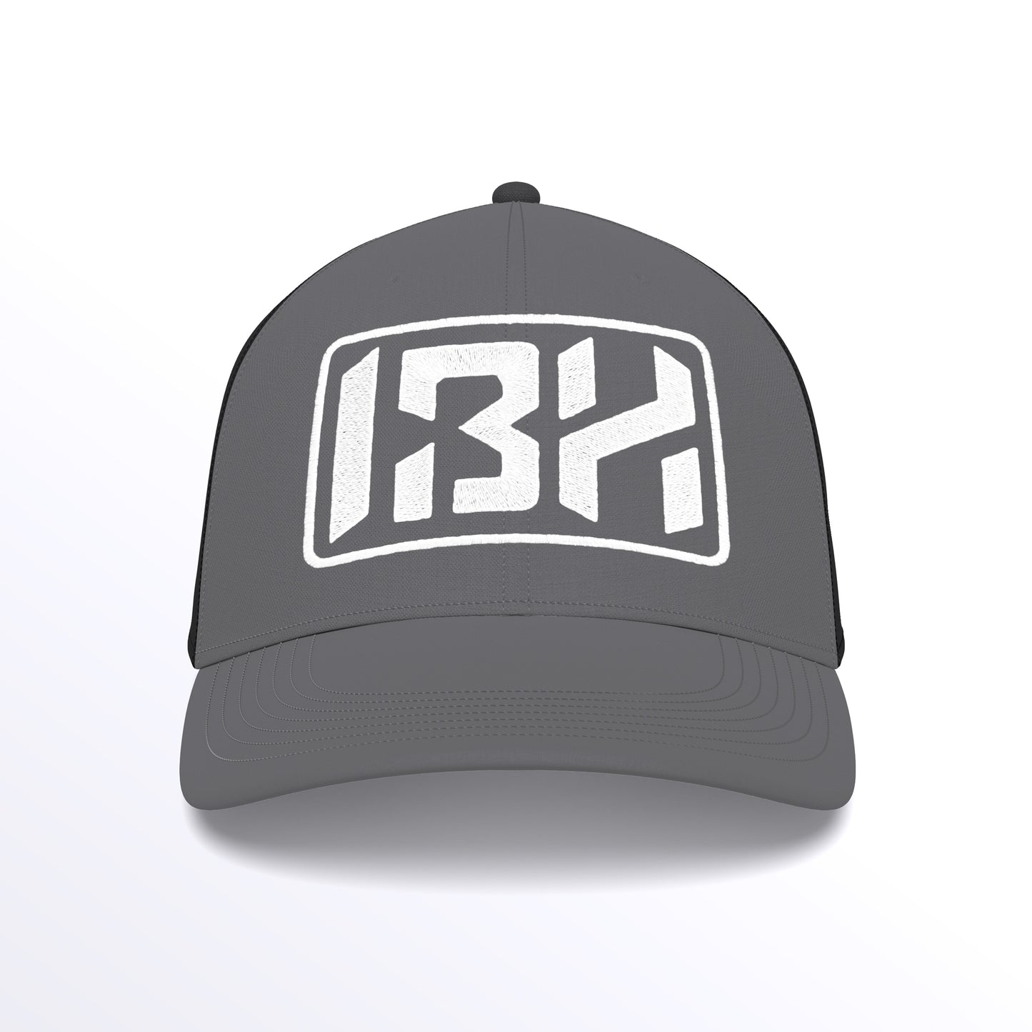 IBH Trucker Cap - Embroidered (£29.40 inc VAT) in White Thread - Graphite Grey Black by printlab.clothing — Custom branded clothing by Print Press, featuring premium embroidery produced in our specialist print lab in the UK.