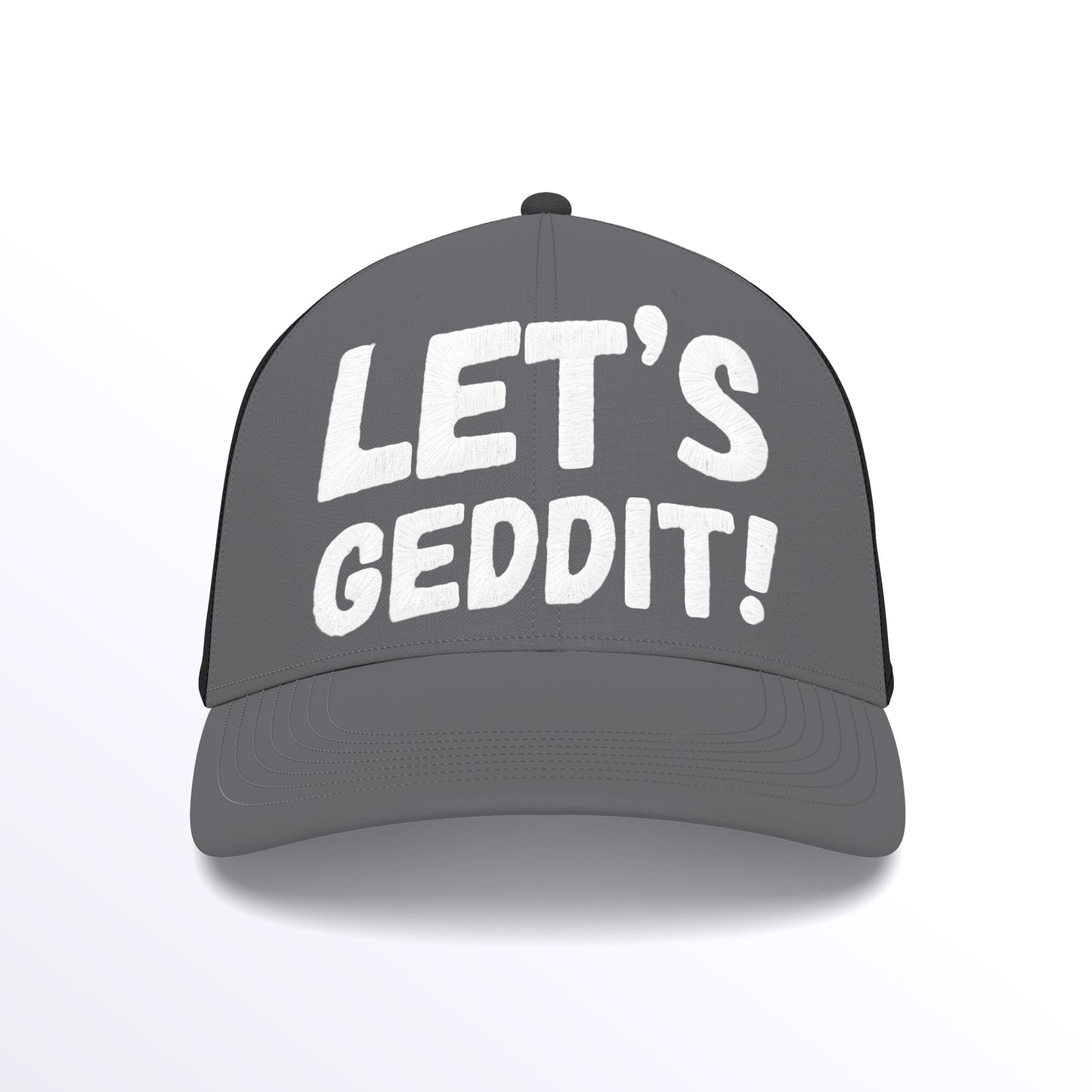 LET'S GEDDIT! Trucker Cap - Embroidered (£29.40 inc VAT) in White Thread - Graphite Grey Black Cap by printlab.clothing — Custom branded clothing by Print Press, featuring premium embroidery produced in our specialist print lab in the UK.