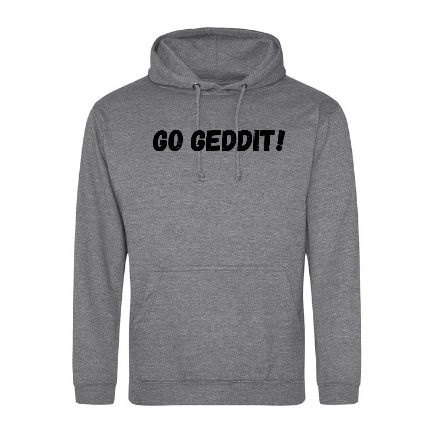 IBH Hoodie - Black Print (£46.40 inc VAT) in GO GEDDIT! Graphite Heather by printlab.clothing — Custom branded clothing by Print Press, featuring premium embroidery produced in our specialist print lab in the UK.