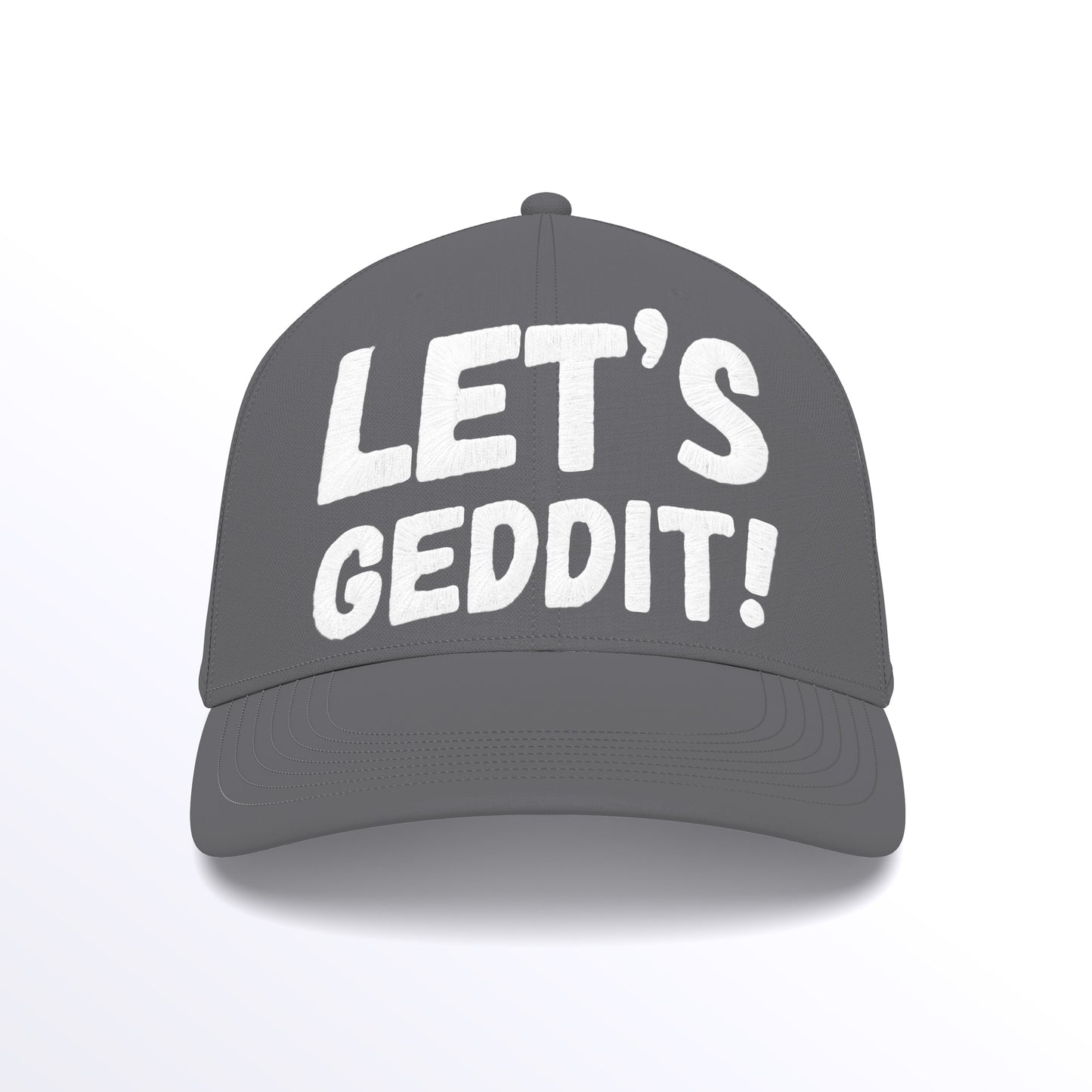LET'S GEDDIT! Trucker Cap - Embroidered (£29.40 inc VAT) in White Thread - Graphite Grey Graphite Grey Cap by printlab.clothing — Custom branded clothing by Print Press, featuring premium embroidery produced in our specialist print lab in the UK.
