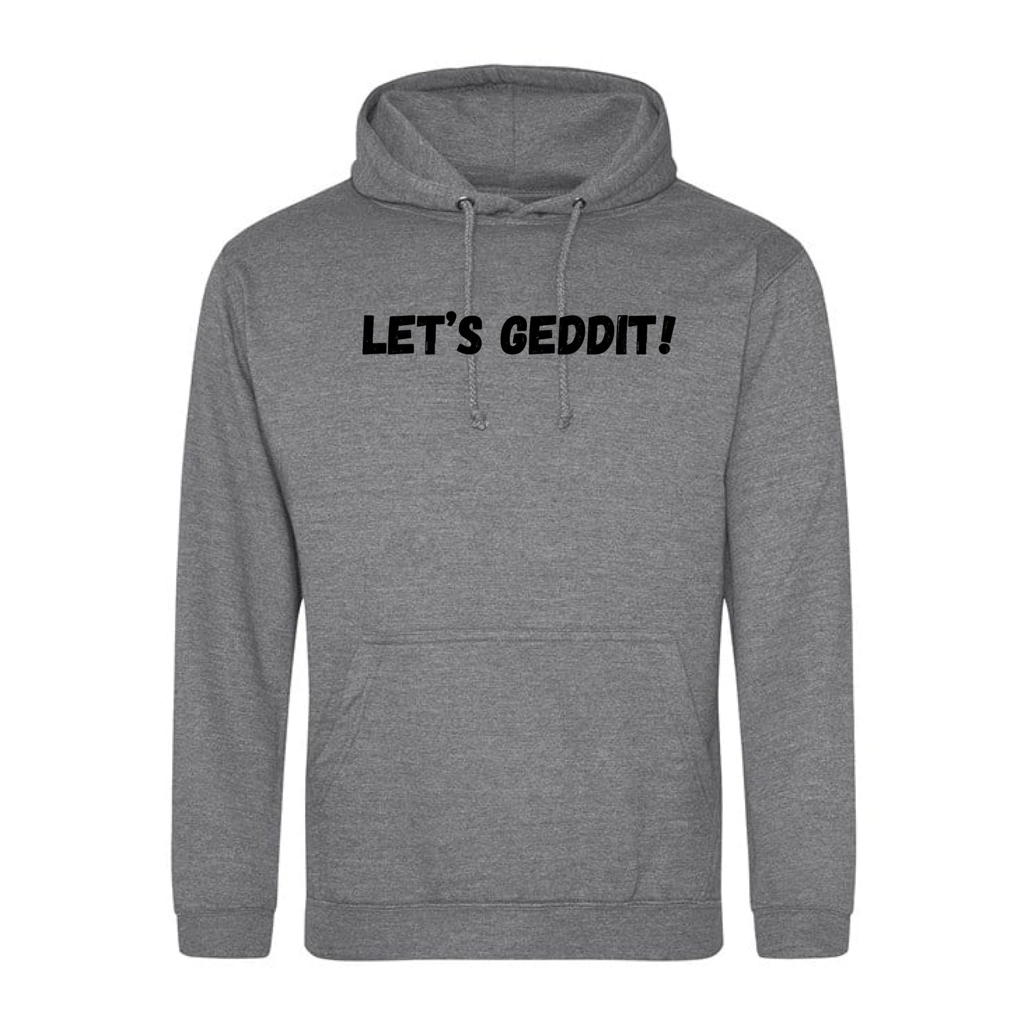 IBH Hoodie - Black Print (£46.40 inc VAT) in LET'S GEDDIT! Graphite Heather by printlab.clothing — Custom branded clothing by Print Press, featuring premium embroidery produced in our specialist print lab in the UK.
