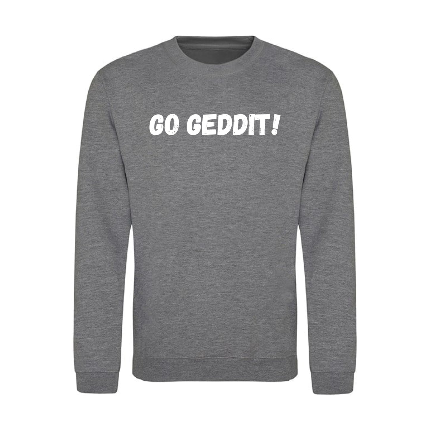 IBH Sweatshirt - White Print (£41.40 inc VAT) in GO GEDDIT! Graphite Heather by printlab.clothing — Custom branded clothing by Print Press, featuring premium embroidery produced in our specialist print lab in the UK.