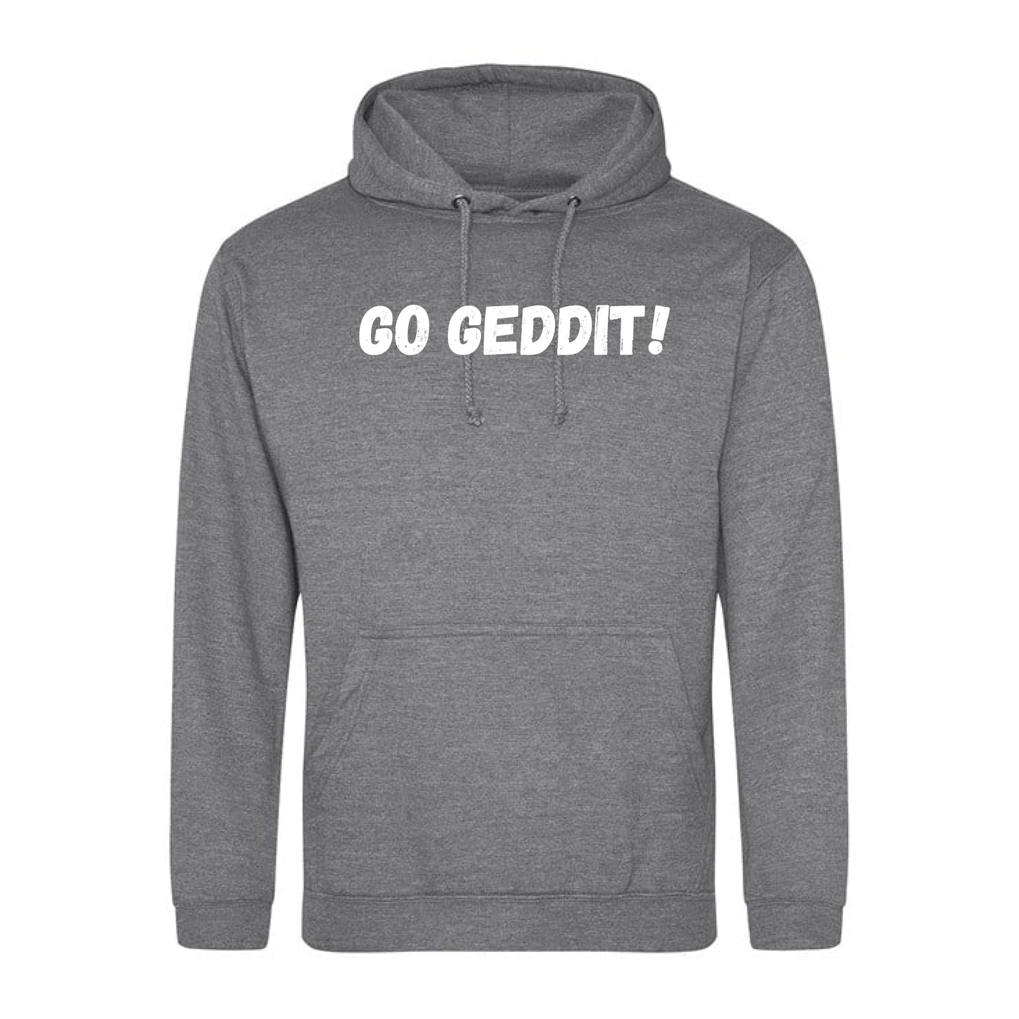 IBH Hoodie - White Print (£46.40 inc VAT) in GO GEDDIT! Graphite Heather by printlab.clothing — Custom branded clothing by Print Press, featuring premium embroidery produced in our specialist print lab in the UK.
