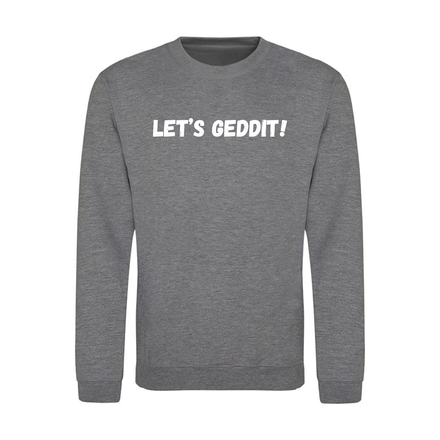 IBH Sweatshirt - White Print (£41.40 inc VAT) in LET'S GEDDIT! Graphite Heather by printlab.clothing — Custom branded clothing by Print Press, featuring premium embroidery produced in our specialist print lab in the UK.
