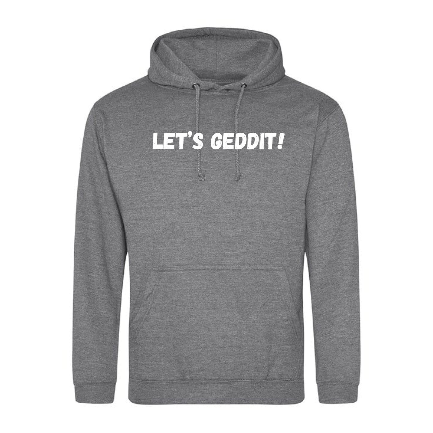 IBH Hoodie - White Print (£46.40 inc VAT) in LET'S GEDDIT! Graphite Heather by printlab.clothing — Custom branded clothing by Print Press, featuring premium embroidery produced in our specialist print lab in the UK.
