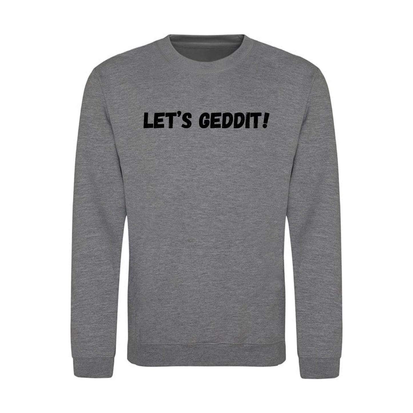 IBH Sweatshirt - Black Print (£41.40 inc VAT) in LET'S GEDDIT! Graphite Heather by printlab.clothing — Custom branded clothing by Print Press, featuring premium embroidery produced in our specialist print lab in the UK.
