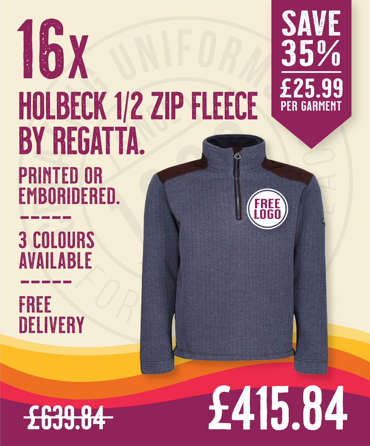 16 x Holbeck 1/2 Zip Fleece By Regatta in Navy by Print Lab Deals — Custom branded clothing by Print Press, featuring premium embroidery produced in our specialist print lab in the UK.