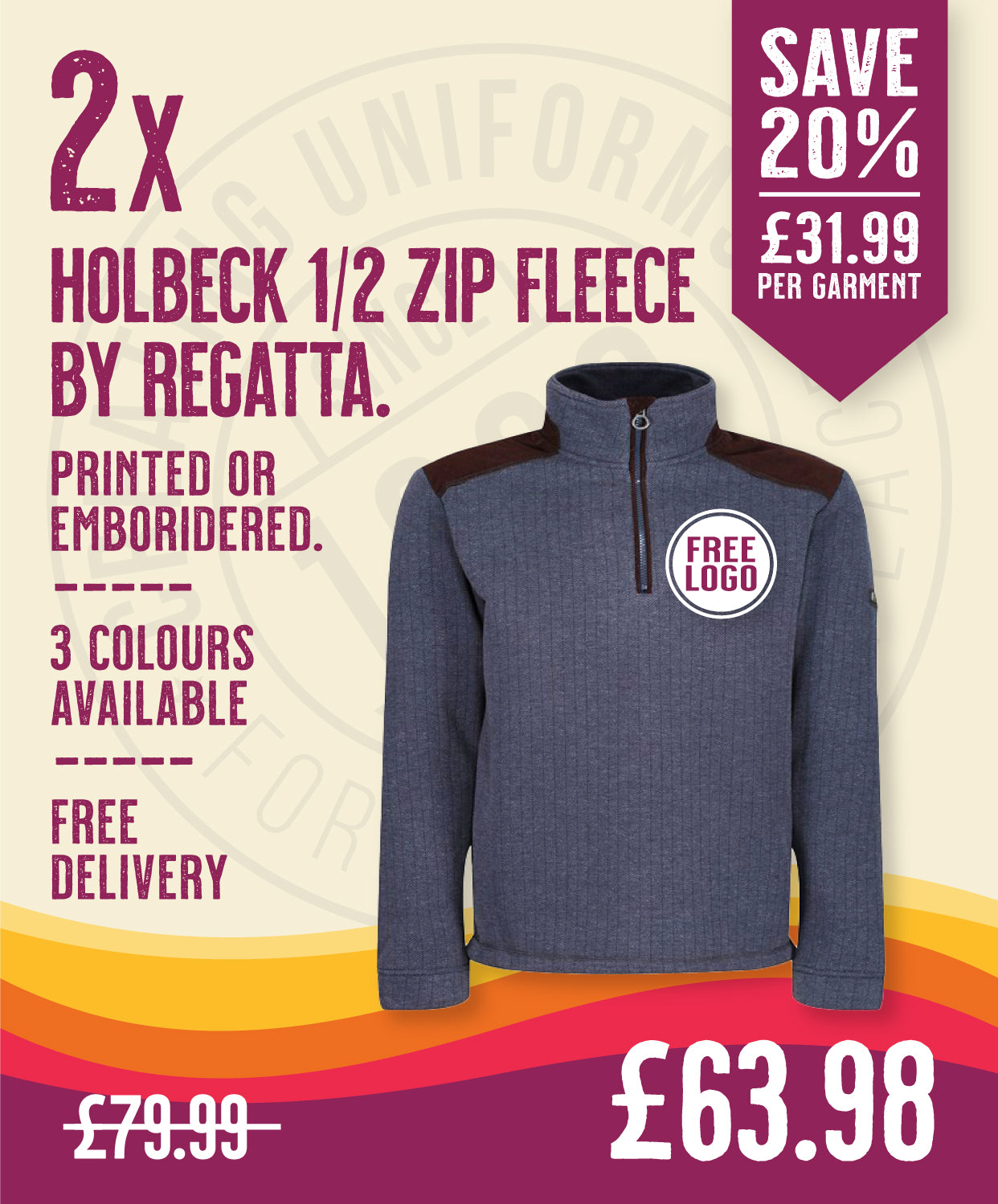2 x Holbeck 1/2 Zip Fleece By Regatta in Navy by Print Lab Deals — Custom branded clothing by Print Press, featuring premium embroidery produced in our specialist print lab in the UK.