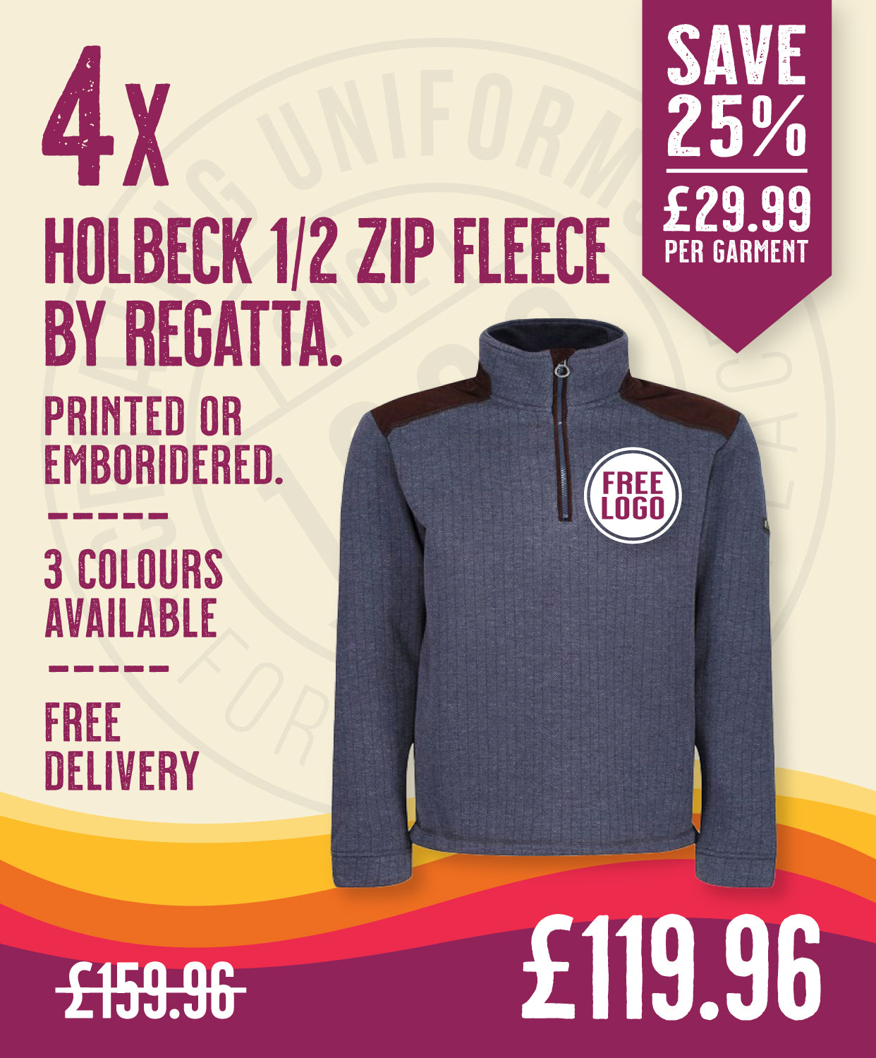 4 x Holbeck 1/2 Zip Fleece By Regatta in Navy by Print Lab Deals — Custom branded clothing by Print Press, featuring premium embroidery produced in our specialist print lab in the UK.